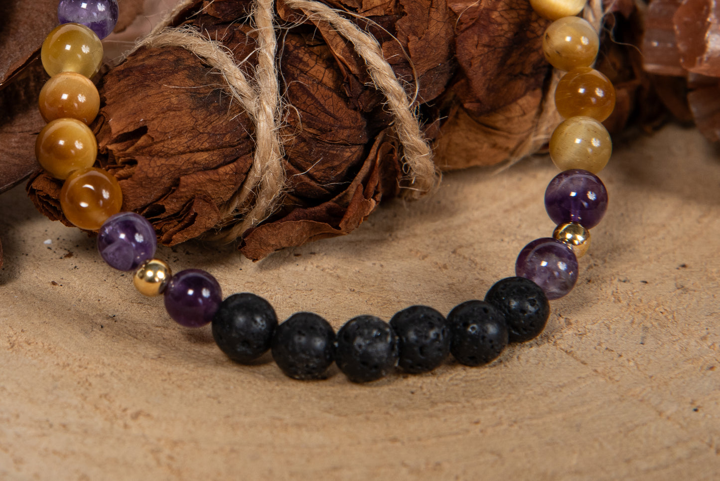 Occhio di tigre dorato, ametista, lava, argento dorato 925