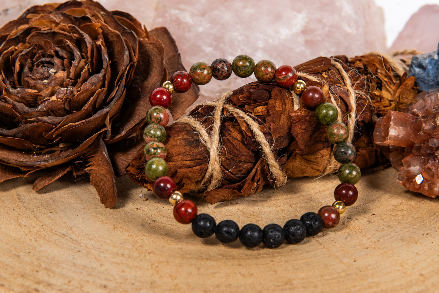 Diaspro rosso, unakite, lava, argento dorato 925