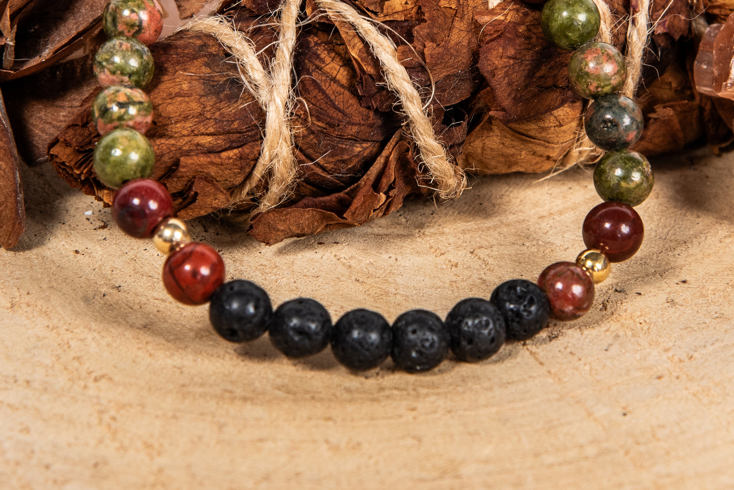 Diaspro rosso, unakite, lava, argento dorato 925