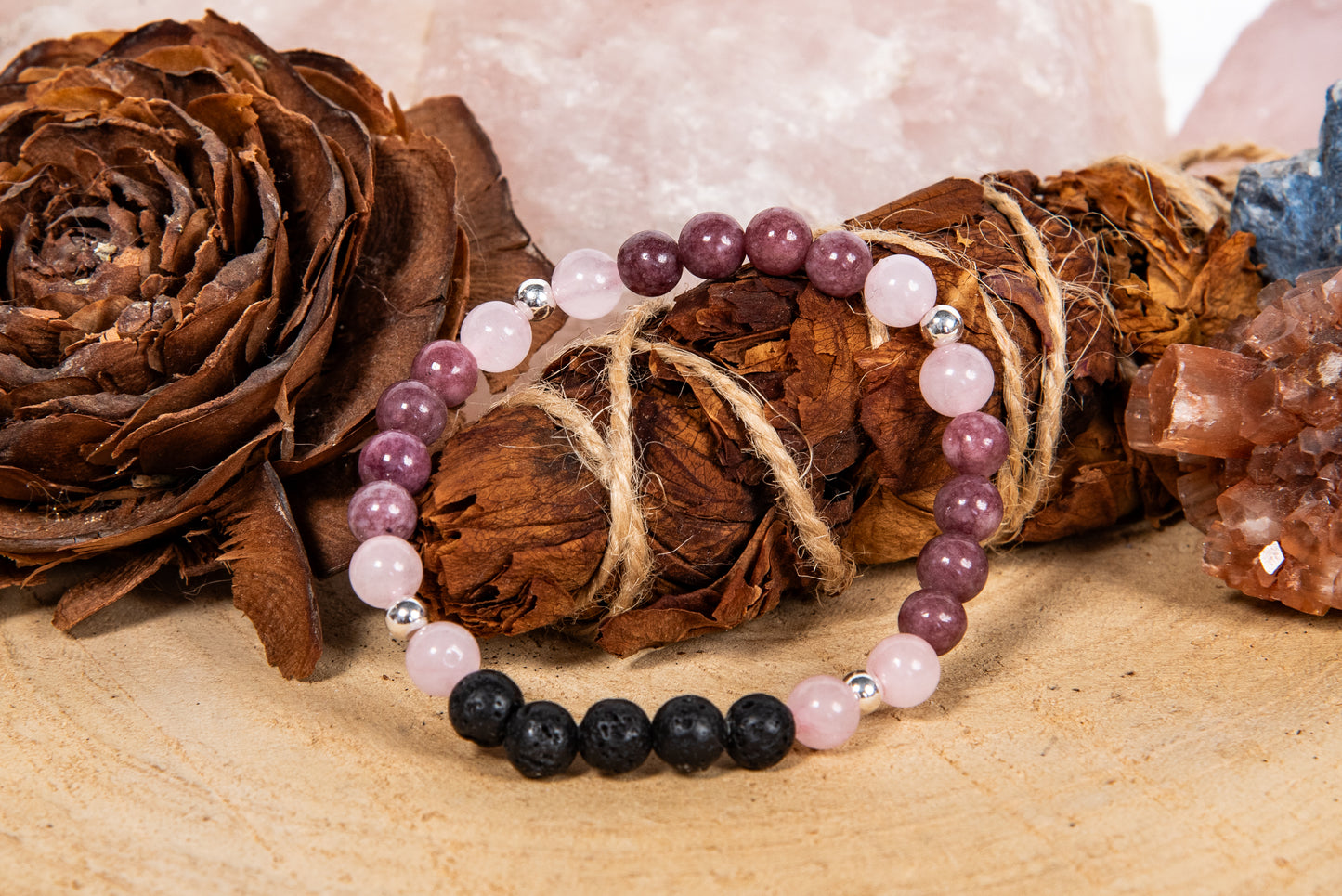 Lepidolite, quarzo rosa, lava, argento 925