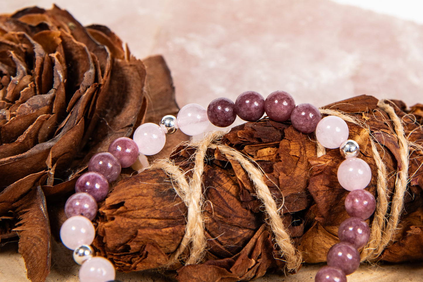 Lepidolite, quarzo rosa, lava, argento 925