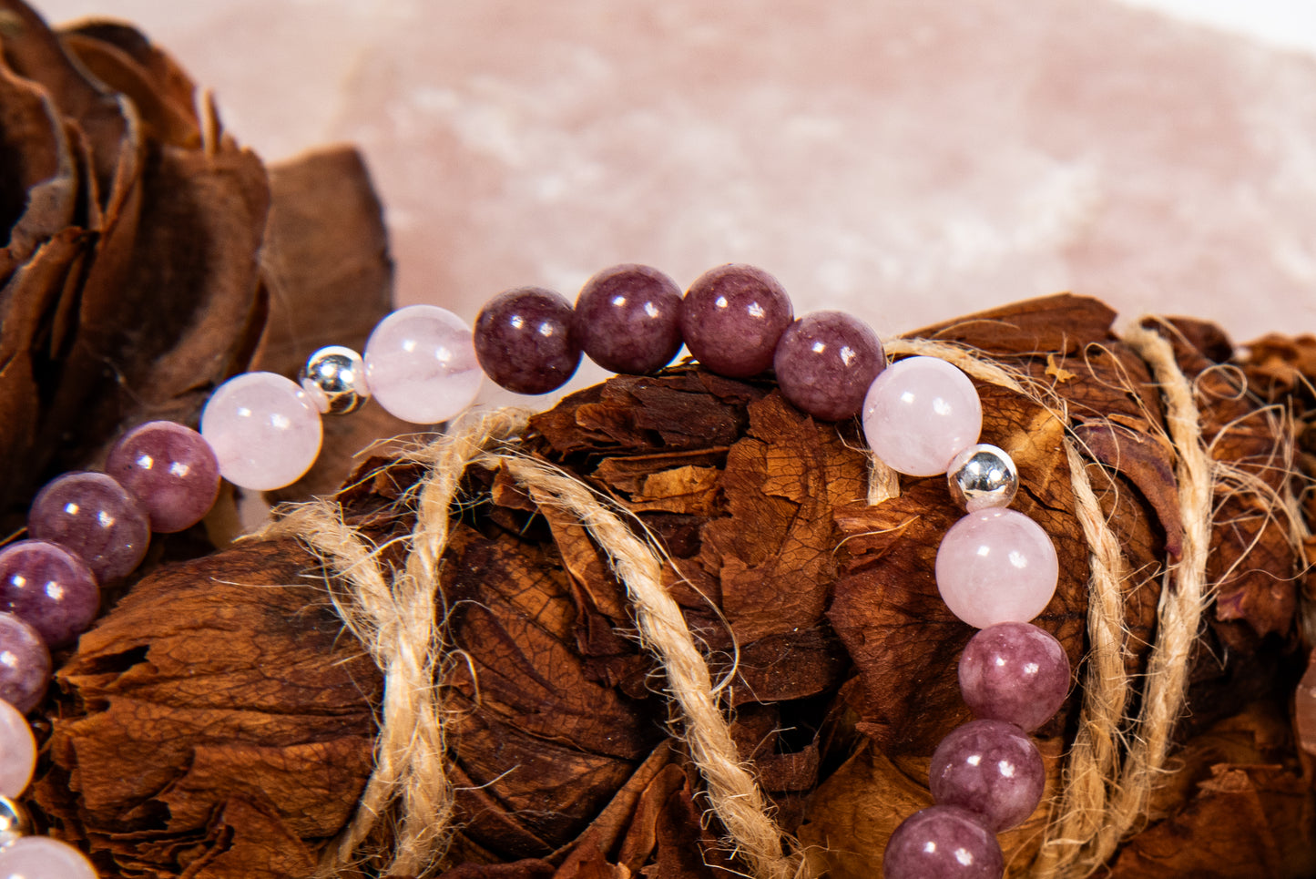 Lepidolite, quarzo rosa, lava, argento 925