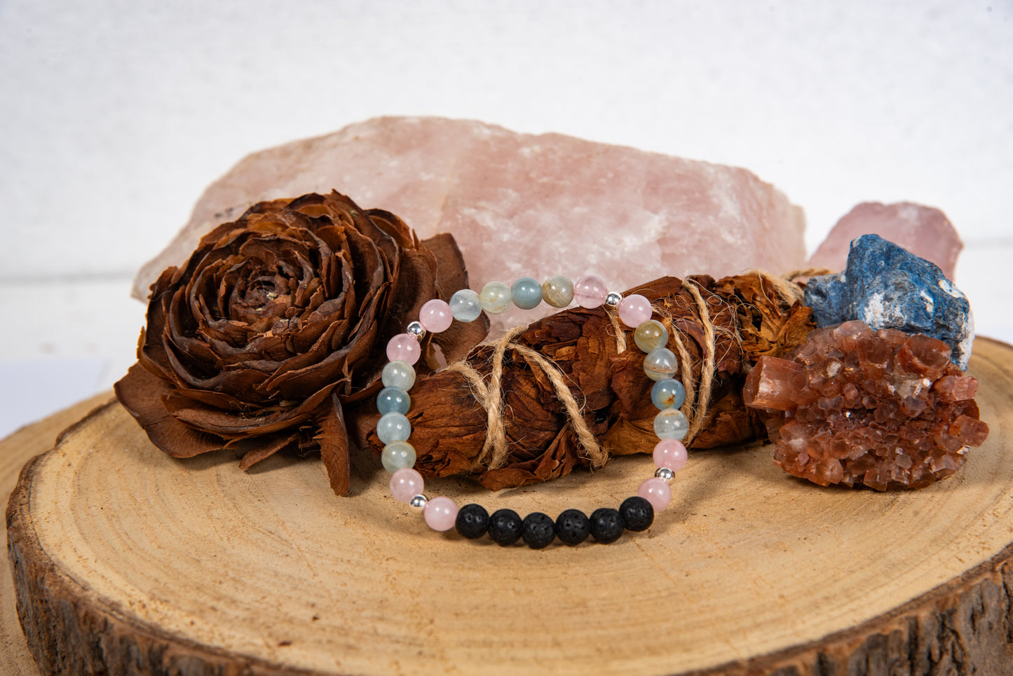 Calcite blu, quarzo rosa, lava, argento 925