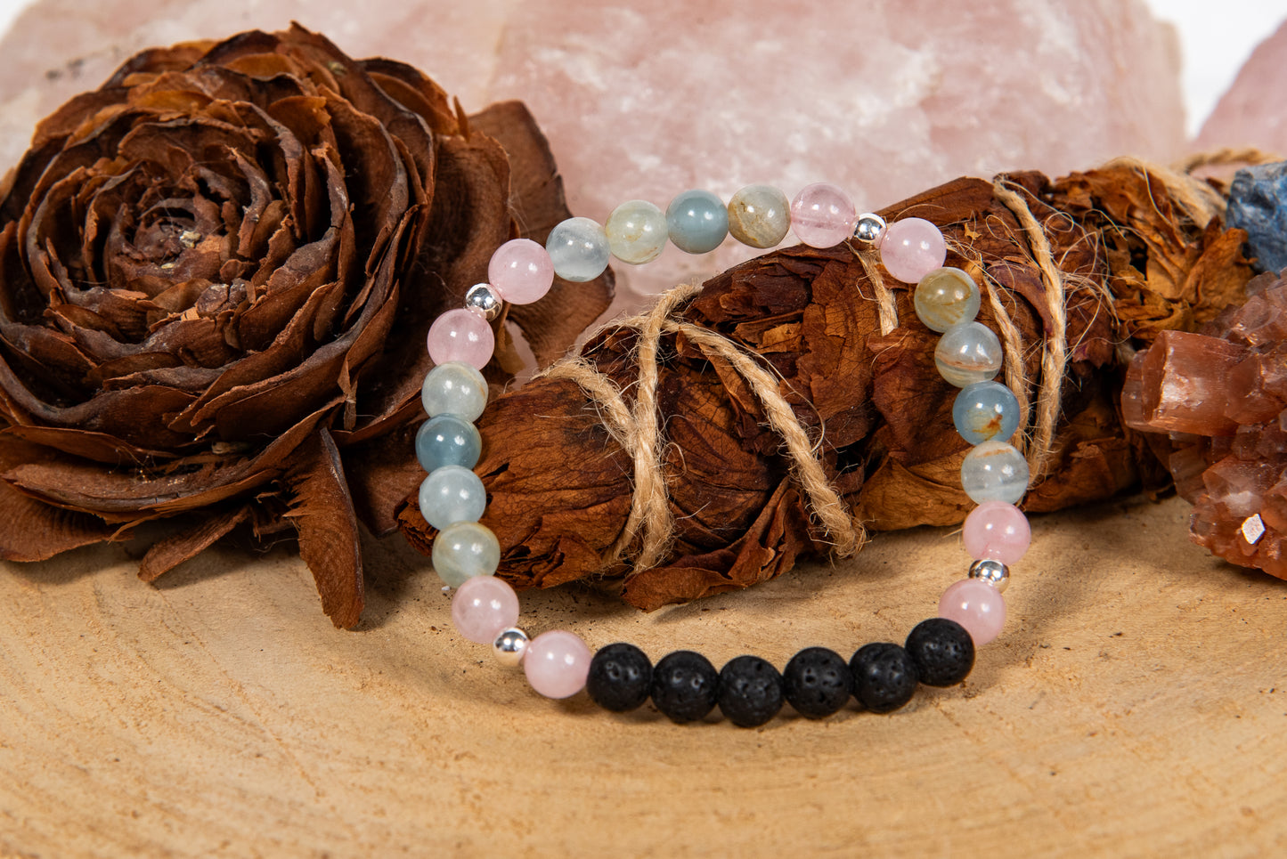 Calcite blu, quarzo rosa, lava, argento 925