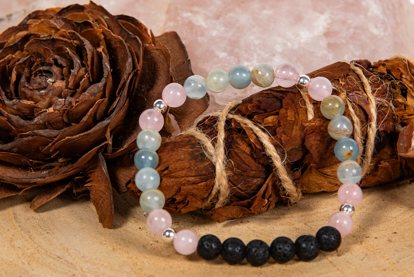 Calcite blu, quarzo rosa, lava, argento 925