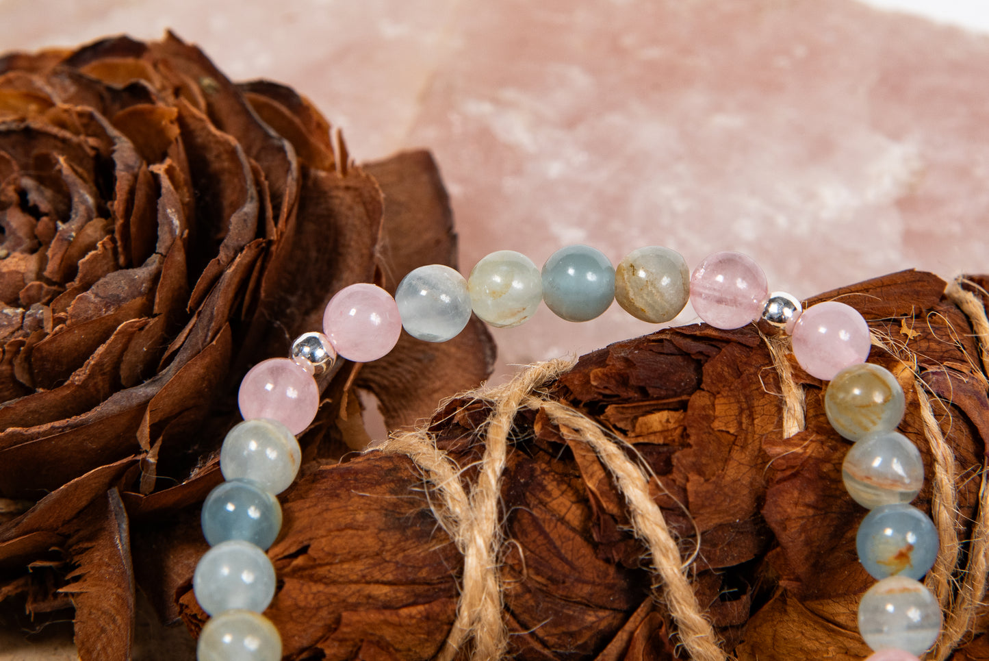 Calcite blu, quarzo rosa, lava, argento 925