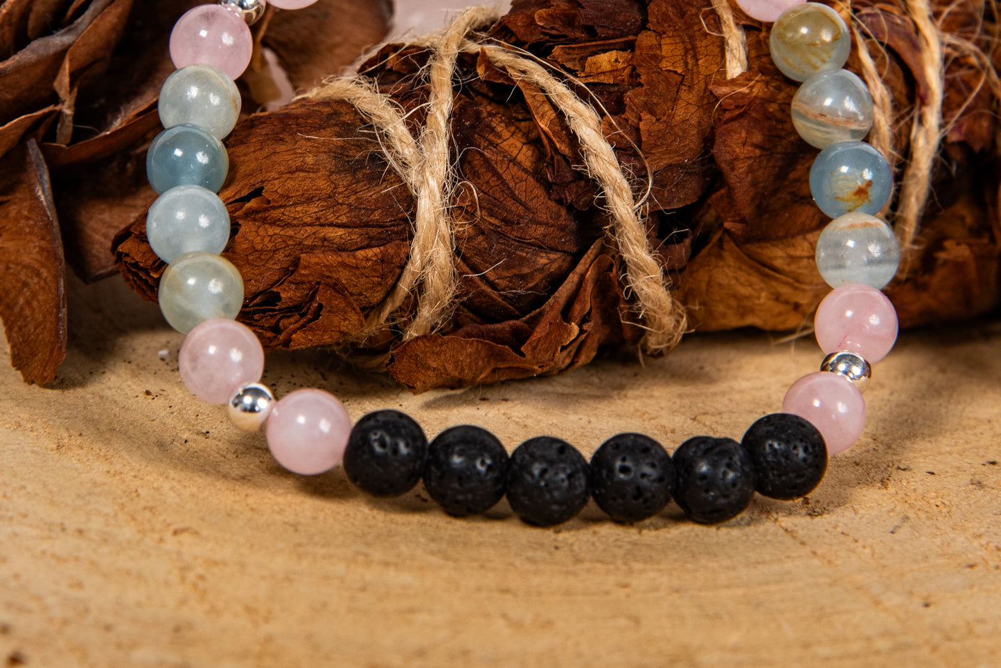 Calcite blu, quarzo rosa, lava, argento 925