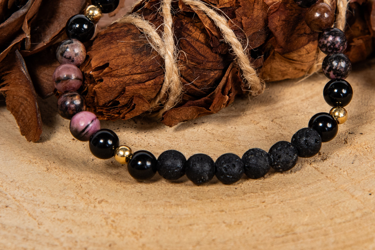 Onice, rodonite pizzo, lava, argento dorato 925