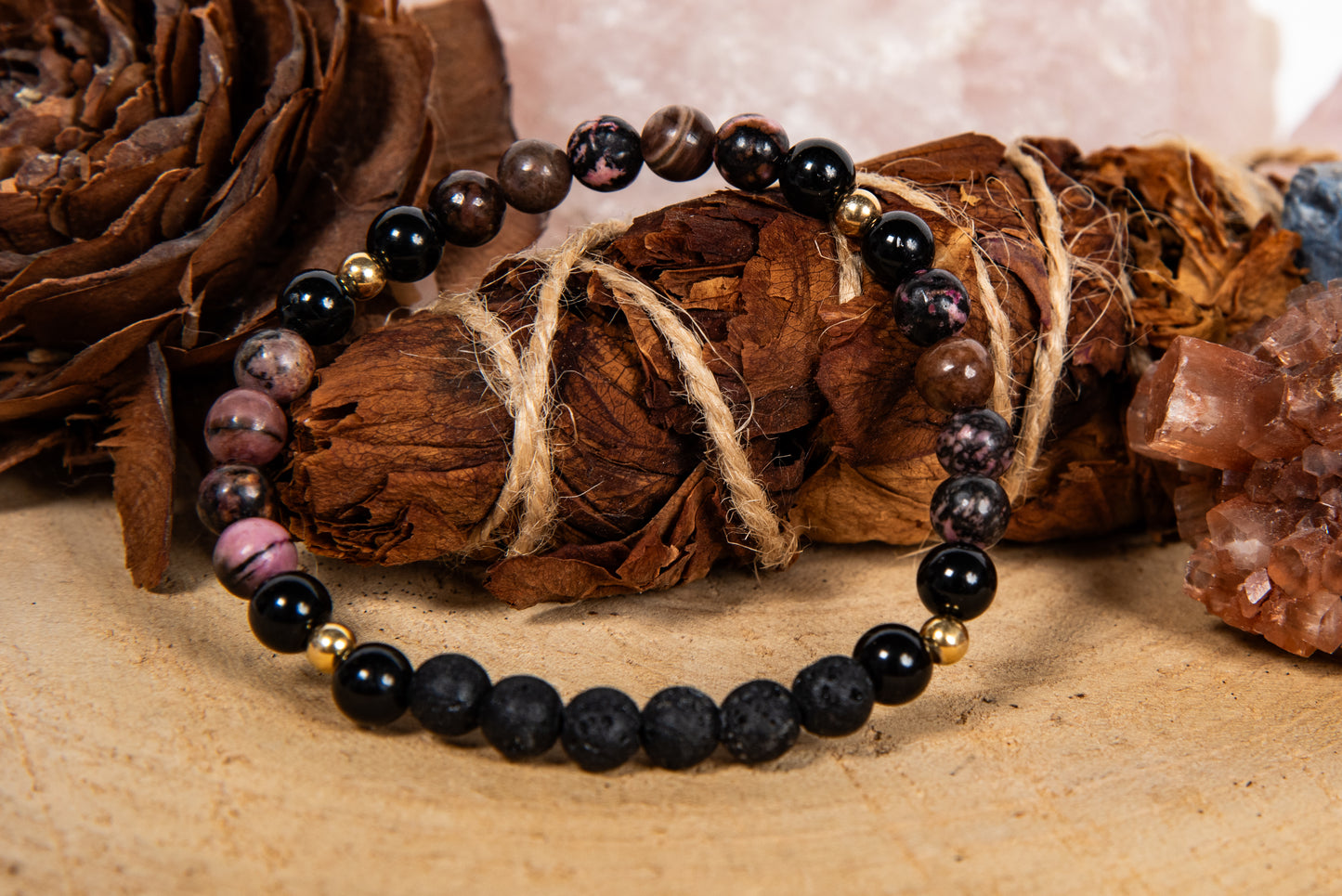 Onice, rodonite pizzo, lava, argento dorato 925