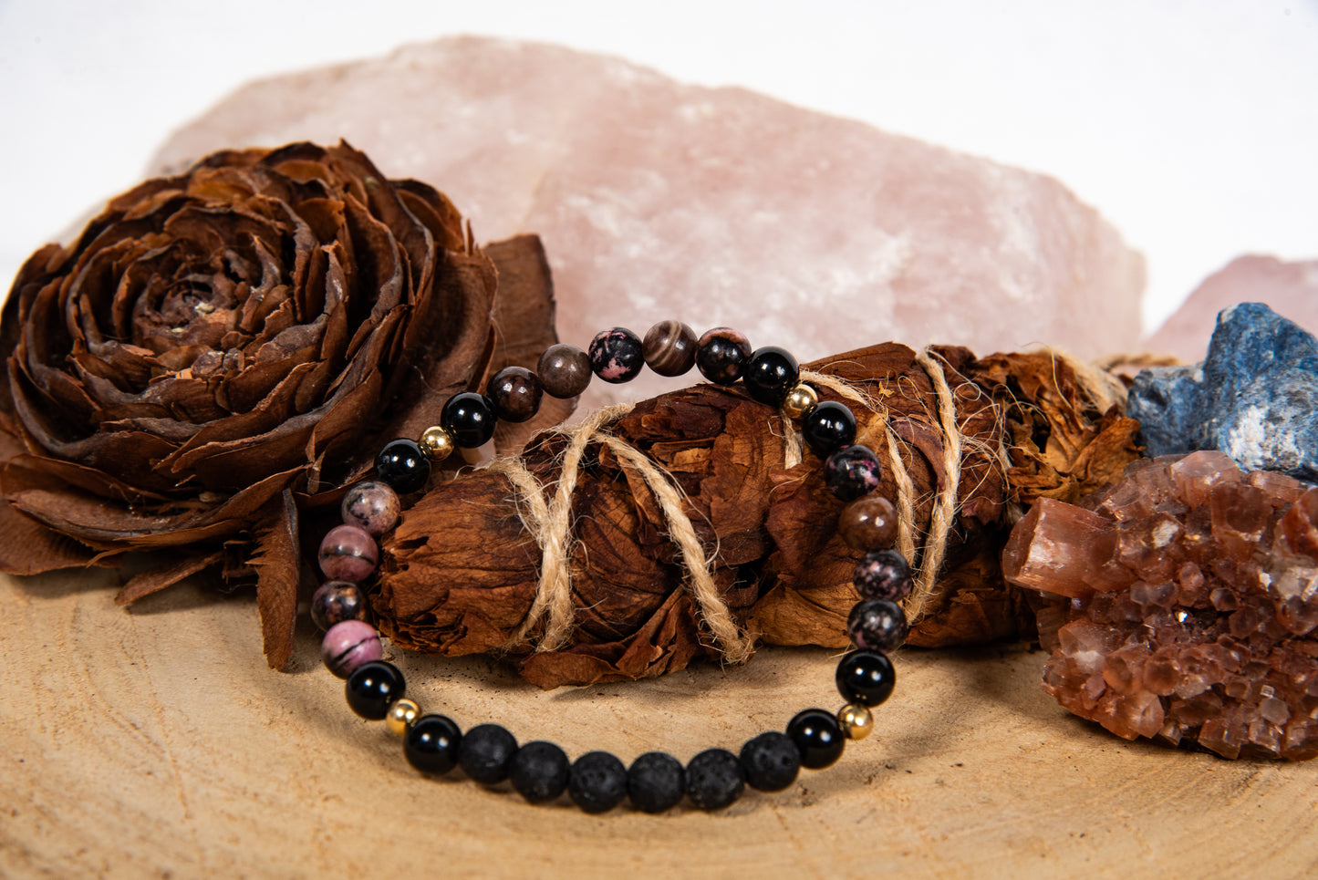 Onice, rodonite pizzo, lava, argento dorato 925