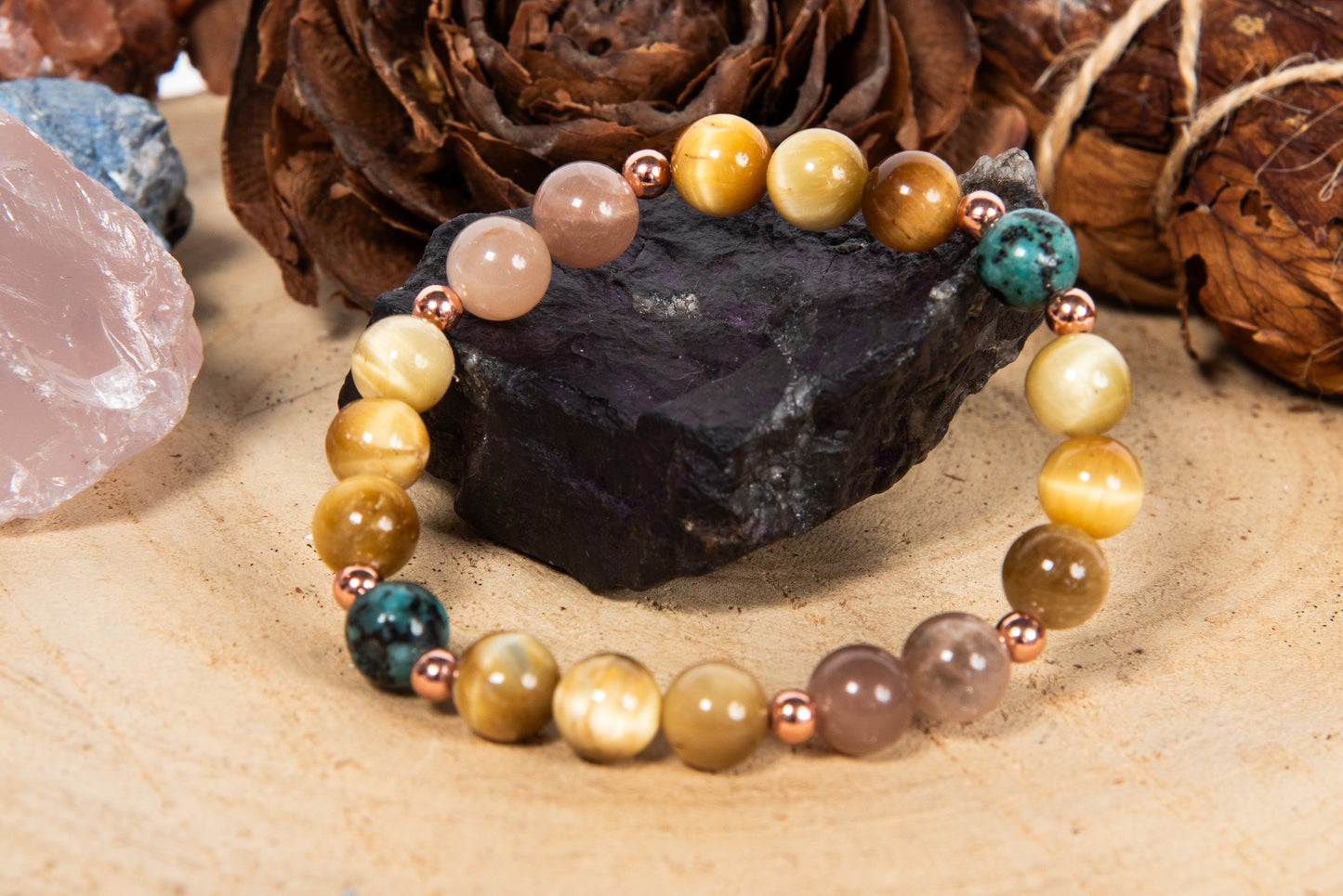 Bracciale perle 8 mm occhio di tigre dorato, pietra di luna, turchese africano, rame