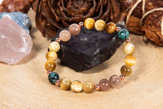 Bracciale perle 8 mm occhio di tigre dorato, pietra di luna, turchese africano, rame