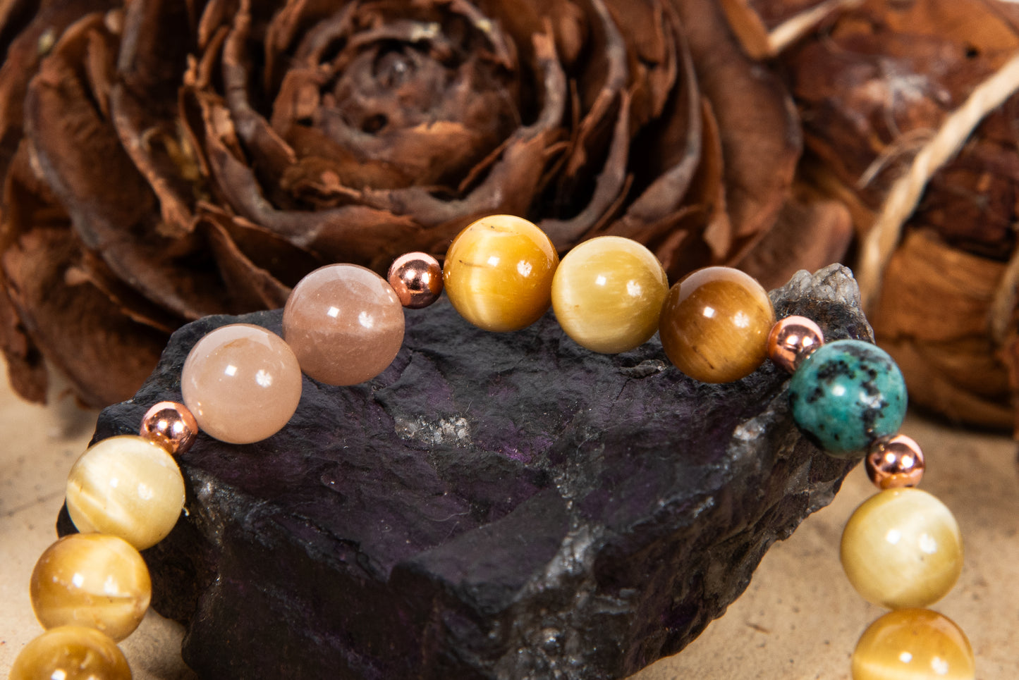 Bracciale perle 8 mm occhio di tigre dorato, pietra di luna, turchese africano, rame