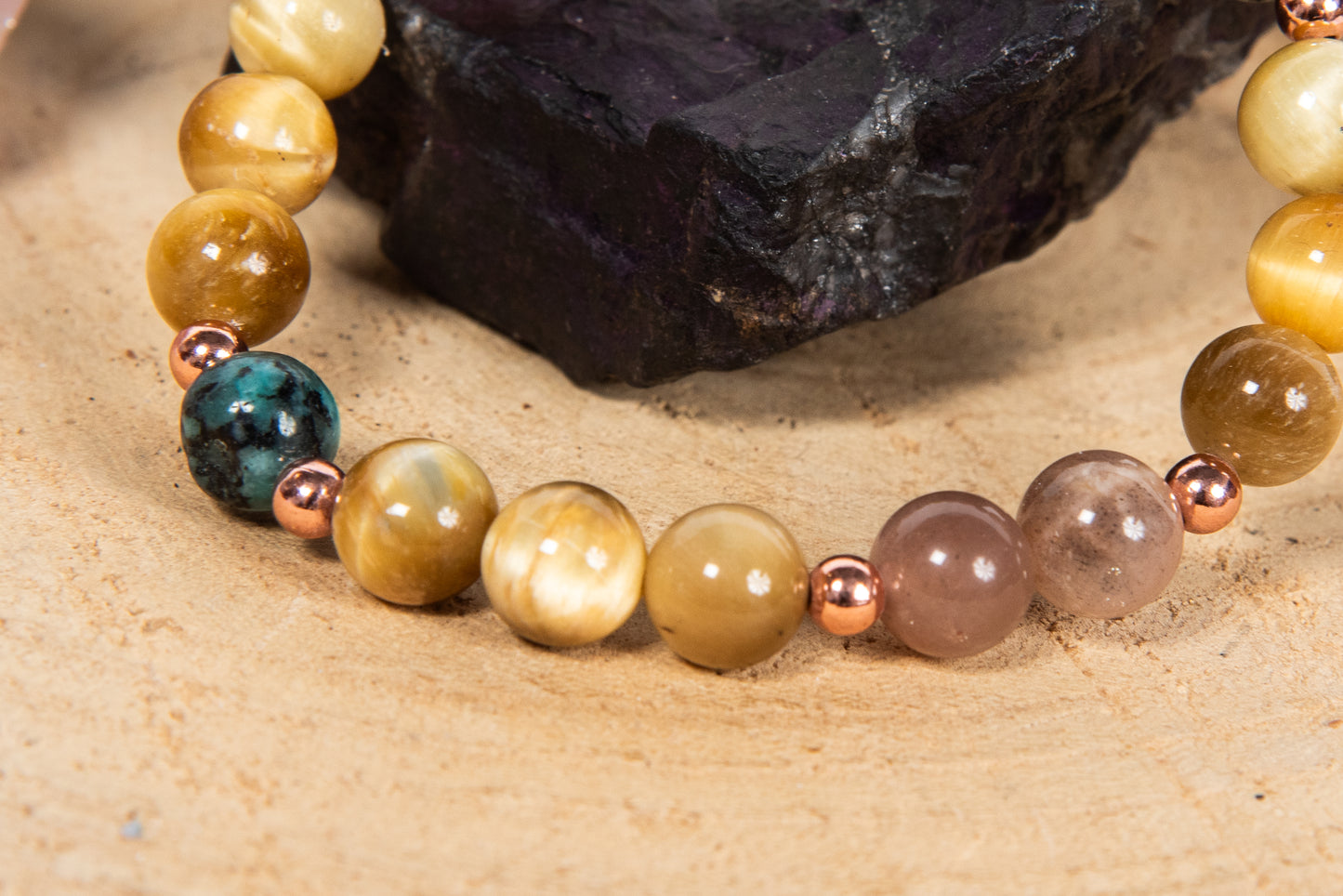 Bracciale perle 8 mm occhio di tigre dorato, pietra di luna, turchese africano, rame