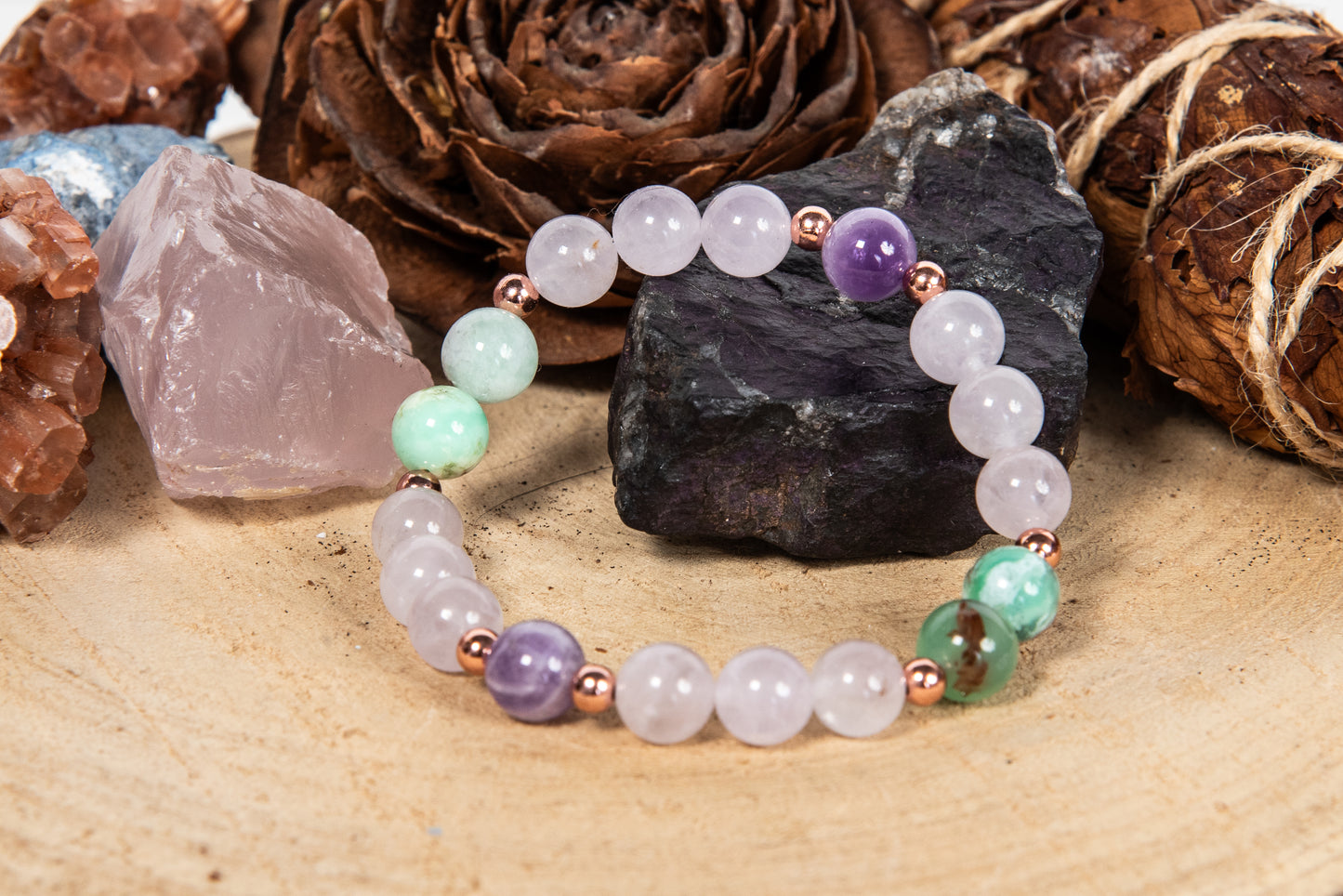 Bracciale perle 8 mm crisoprasio, ametista, ametista lavanda, rame