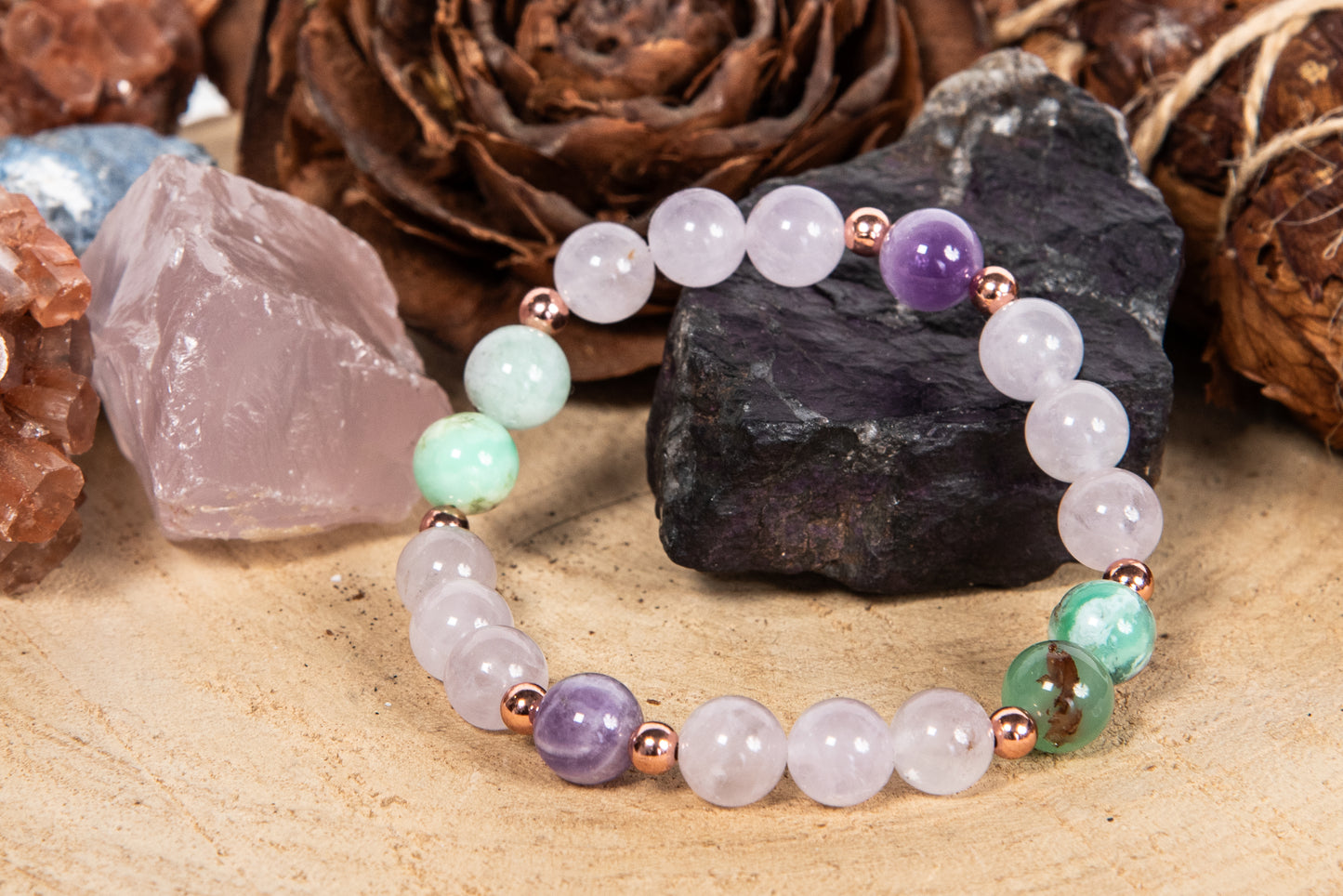 Bracciale perle 8 mm crisoprasio, ametista, ametista lavanda, rame