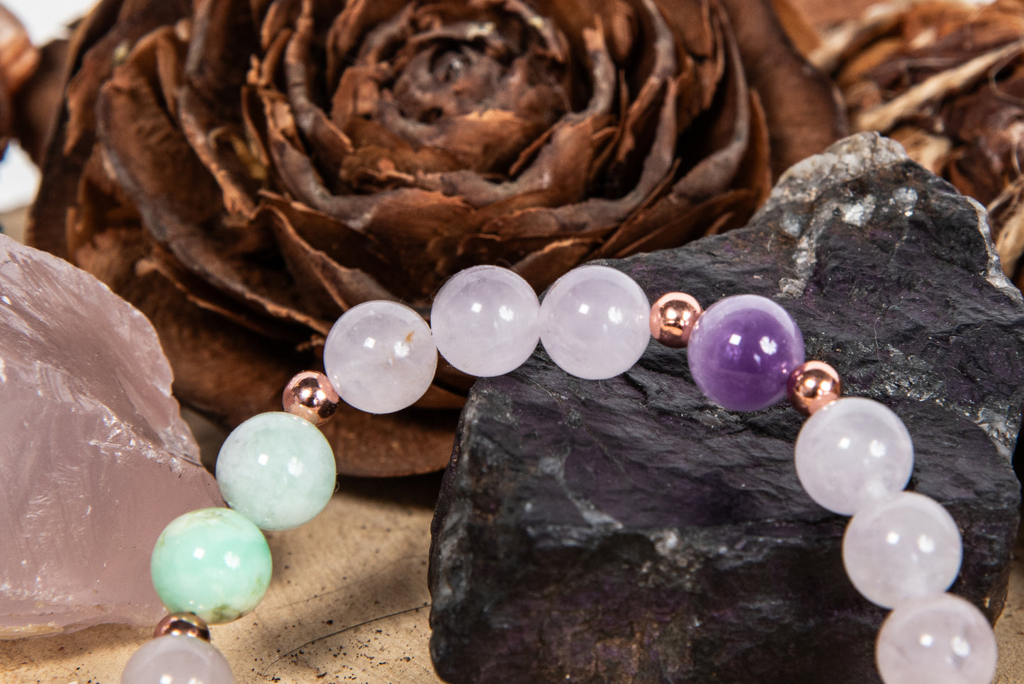 Bracciale perle 8 mm crisoprasio, ametista, ametista lavanda, rame