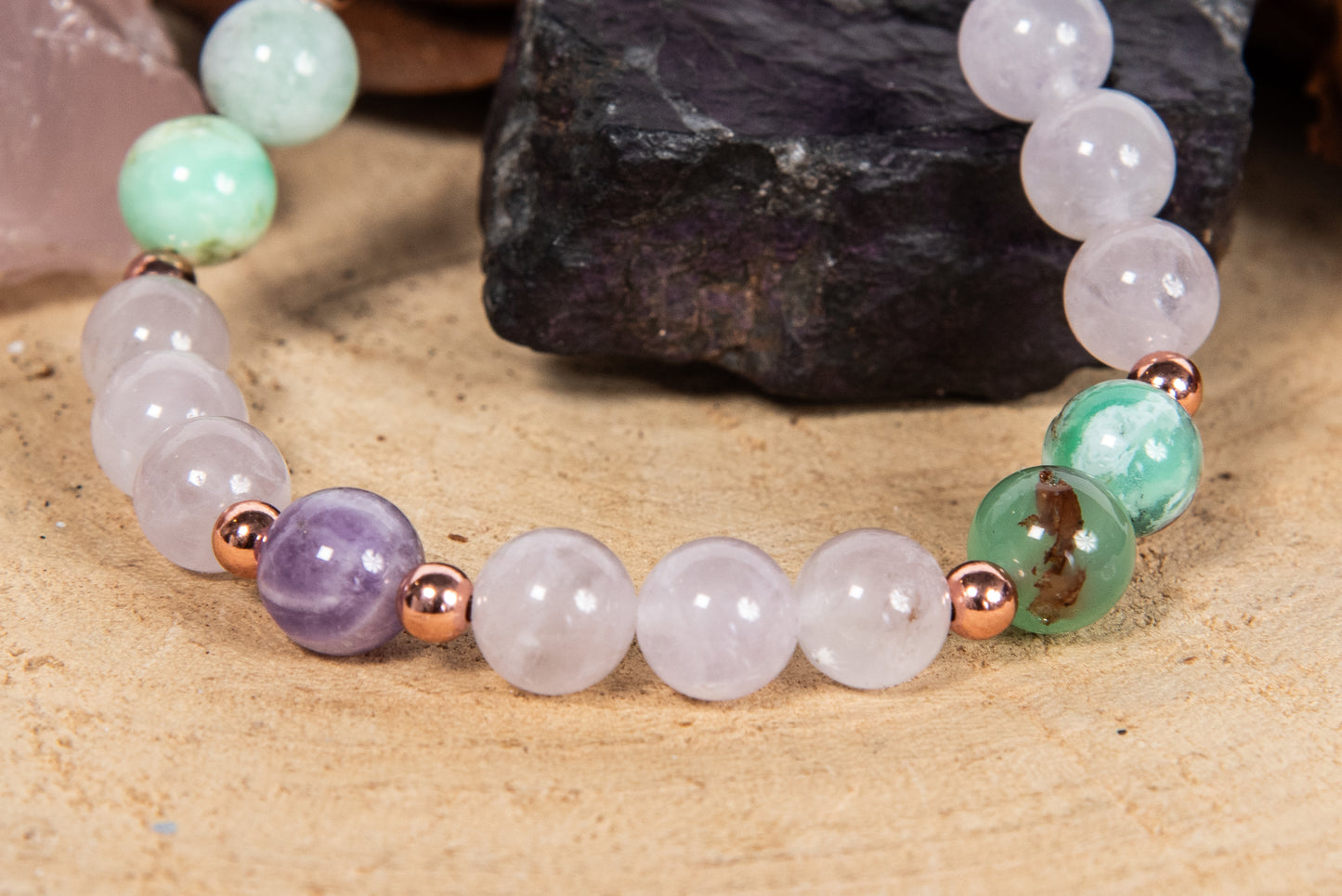 Bracciale perle 8 mm crisoprasio, ametista, ametista lavanda, rame