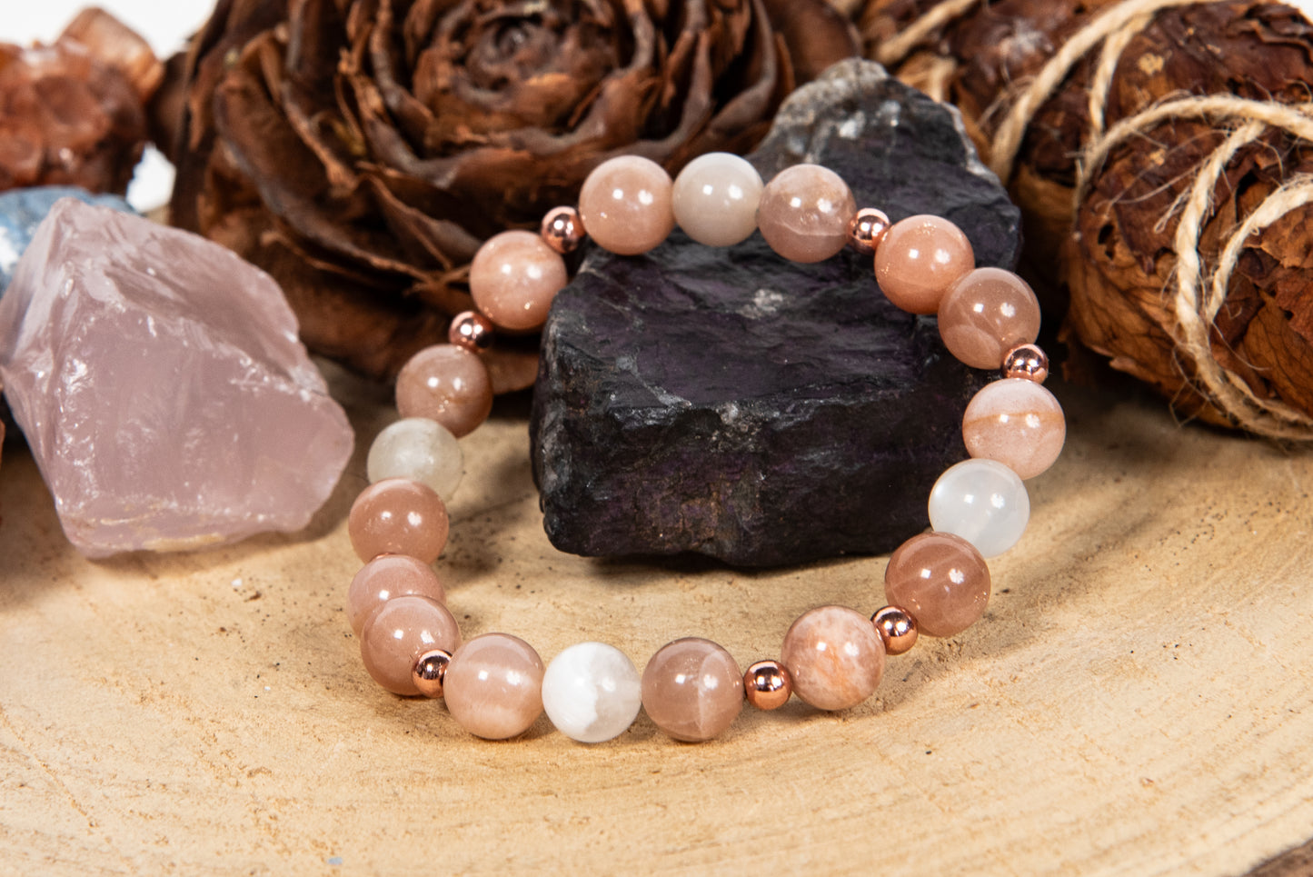 Bracciale perle 8 mm pietra di luna, rame