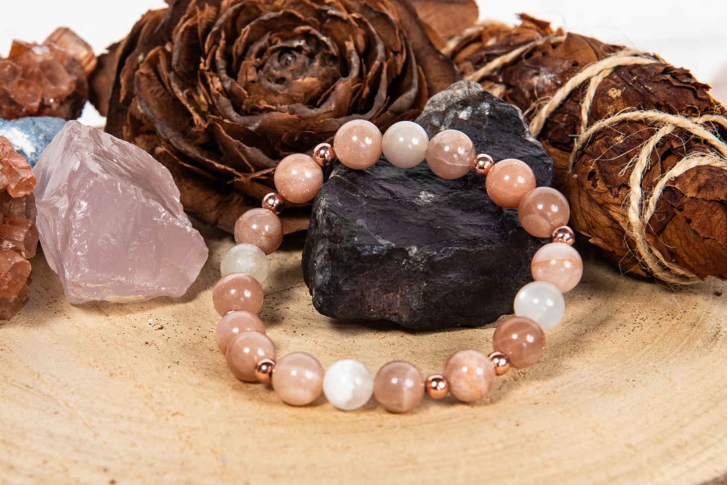 Bracciale perle 8 mm pietra di luna, rame