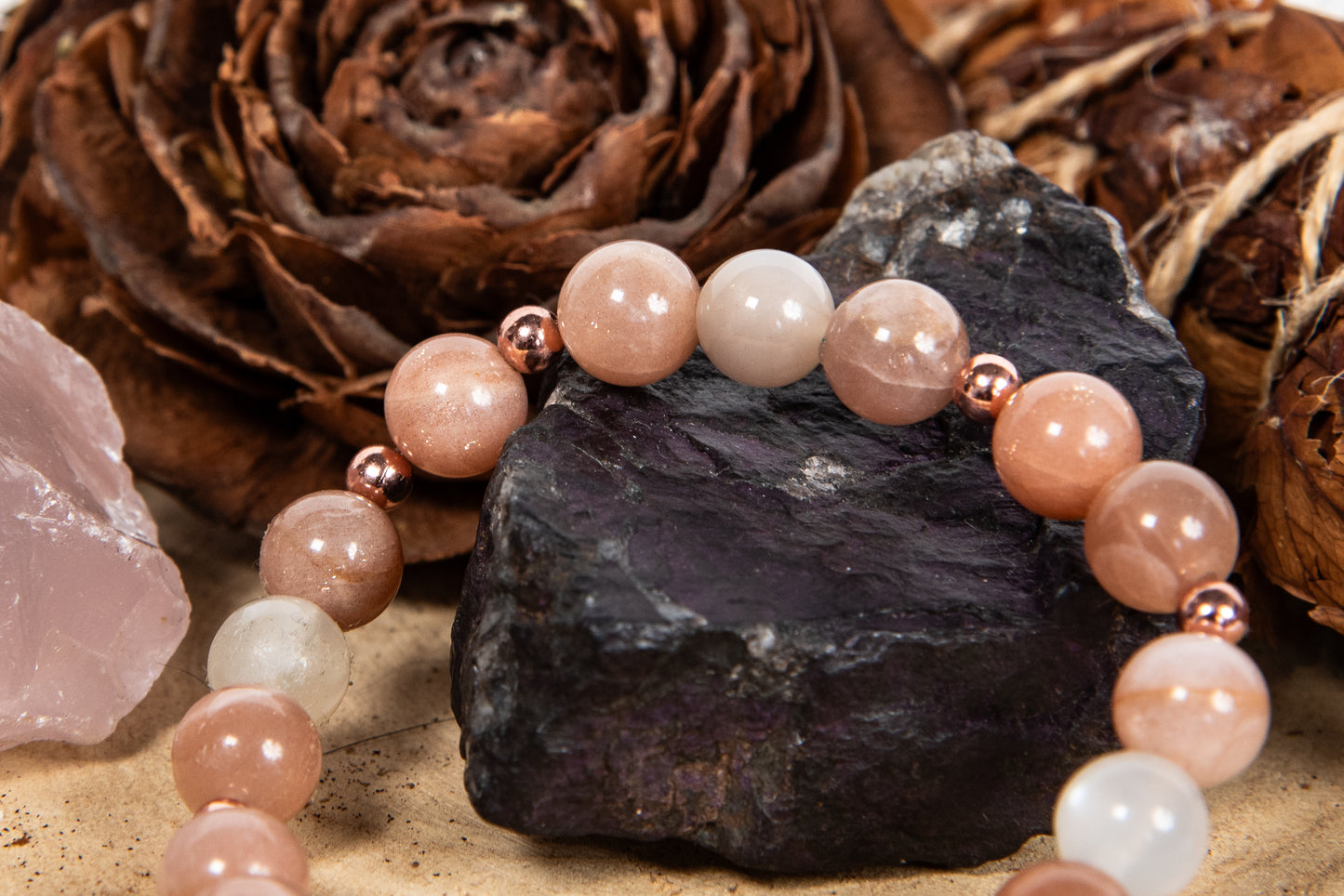 Bracciale perle 8 mm pietra di luna, rame