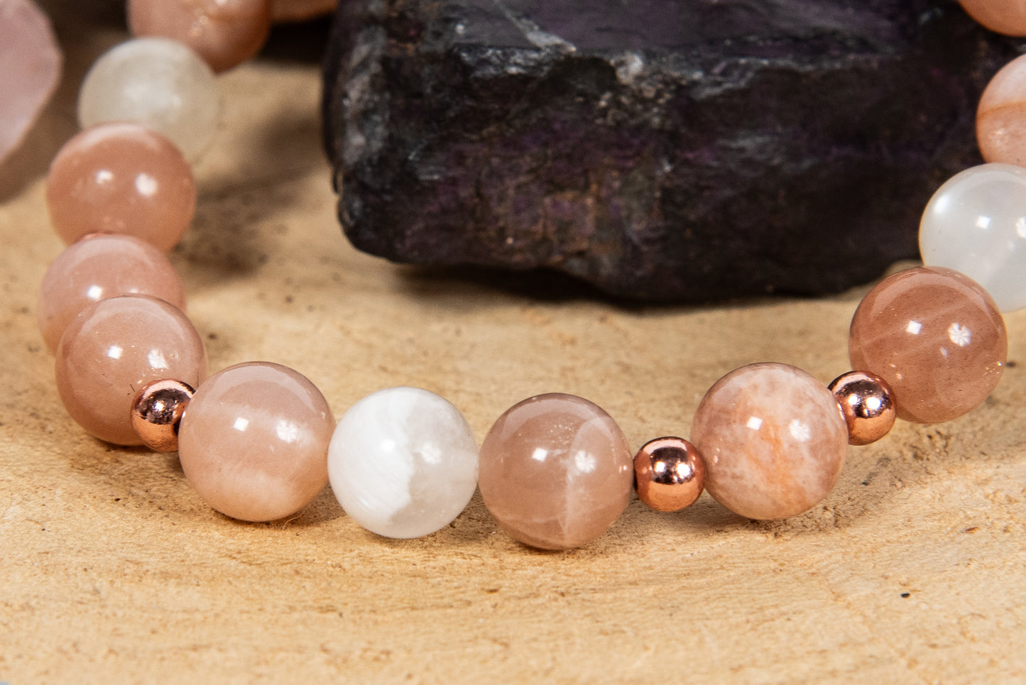 Bracciale perle 8 mm pietra di luna, rame