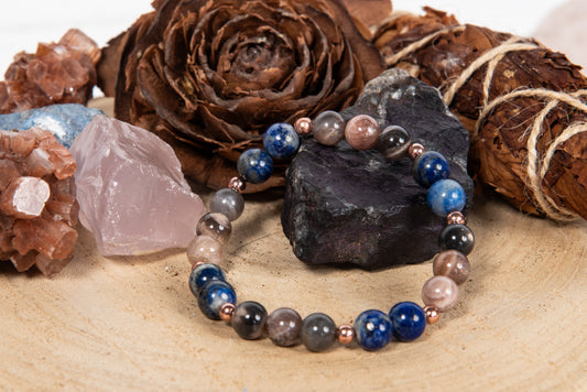 Bracciale perle 8 mm lapislazzuli, pietra di luna nera, rame