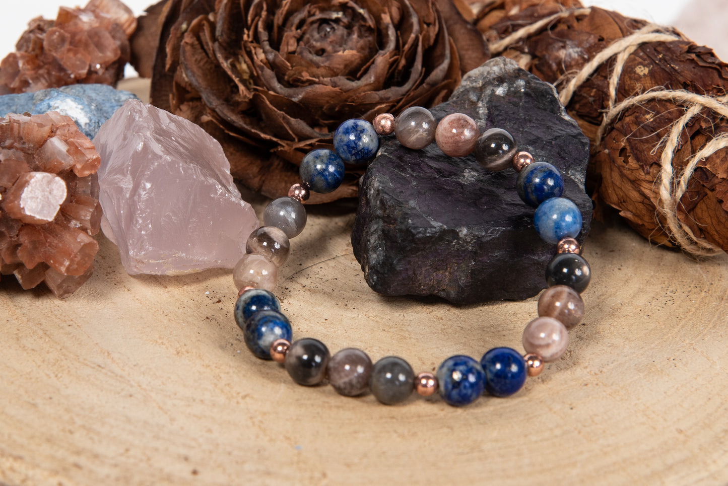 Bracciale perle 8 mm lapislazzuli, pietra di luna nera, rame