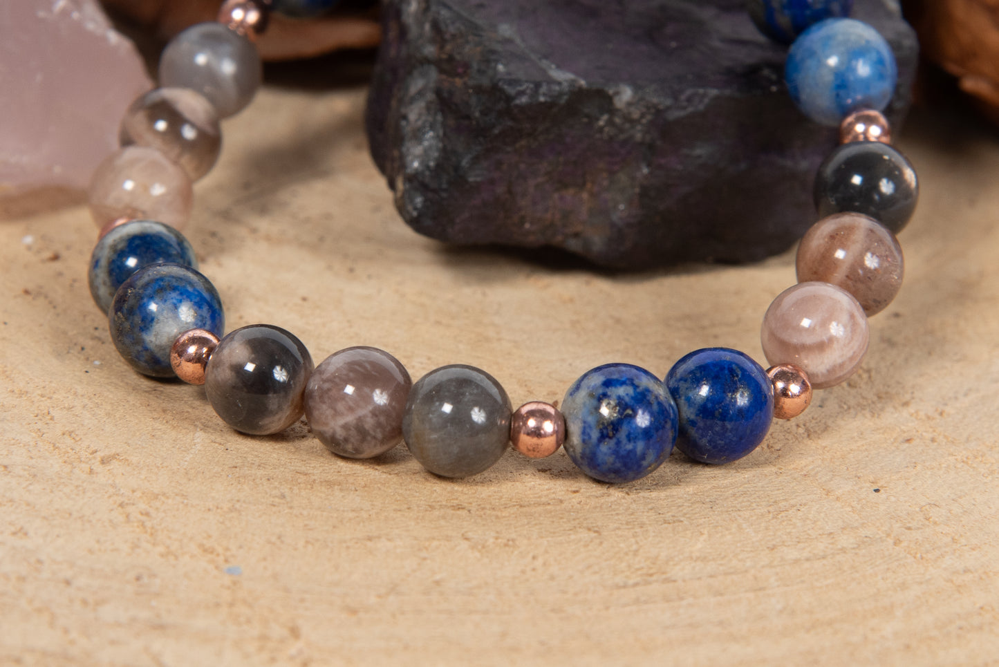 Bracciale perle 8 mm lapislazzuli, pietra di luna nera, rame