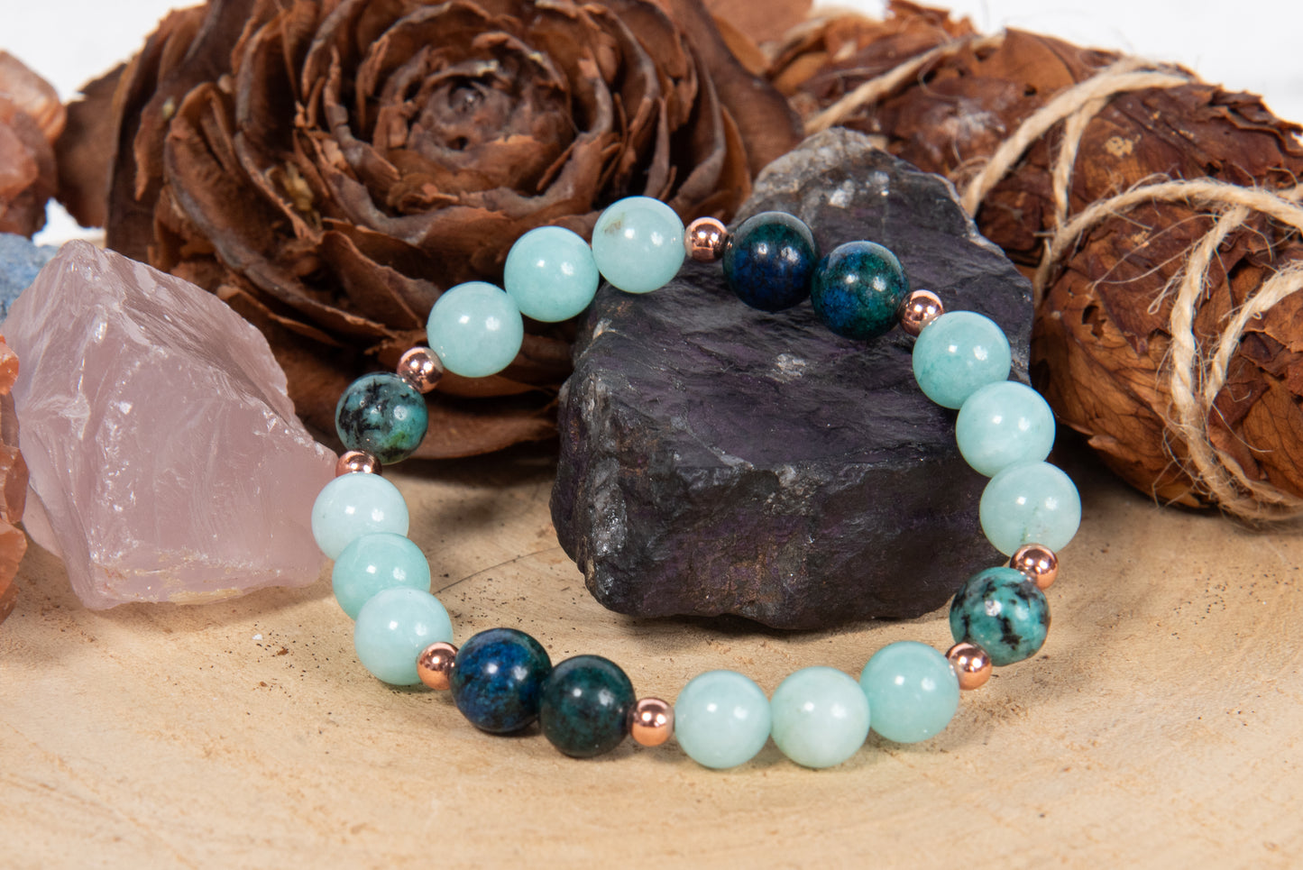 Bracciale perle 8 mm amazzonite, turchese africano, azzurrite, rame