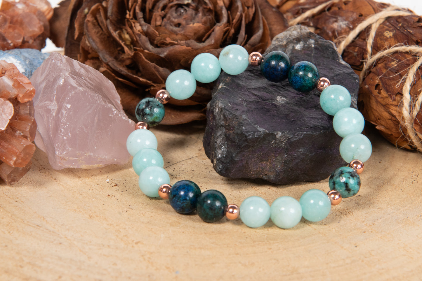 Bracciale perle 8 mm amazzonite, turchese africano, azzurrite, rame