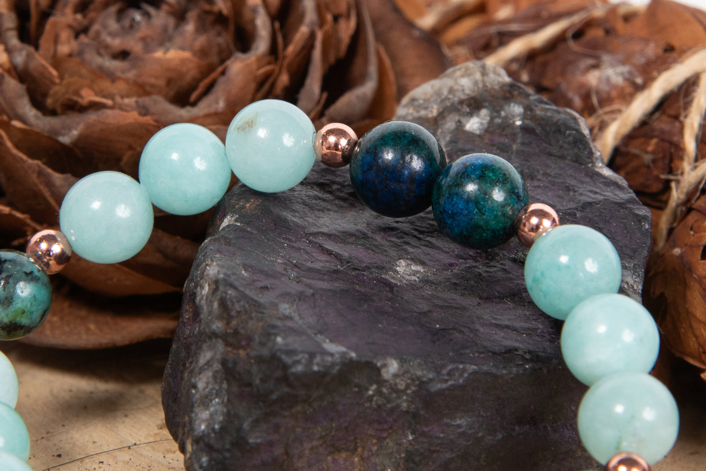 Bracciale perle 8 mm amazzonite, turchese africano, azzurrite, rame