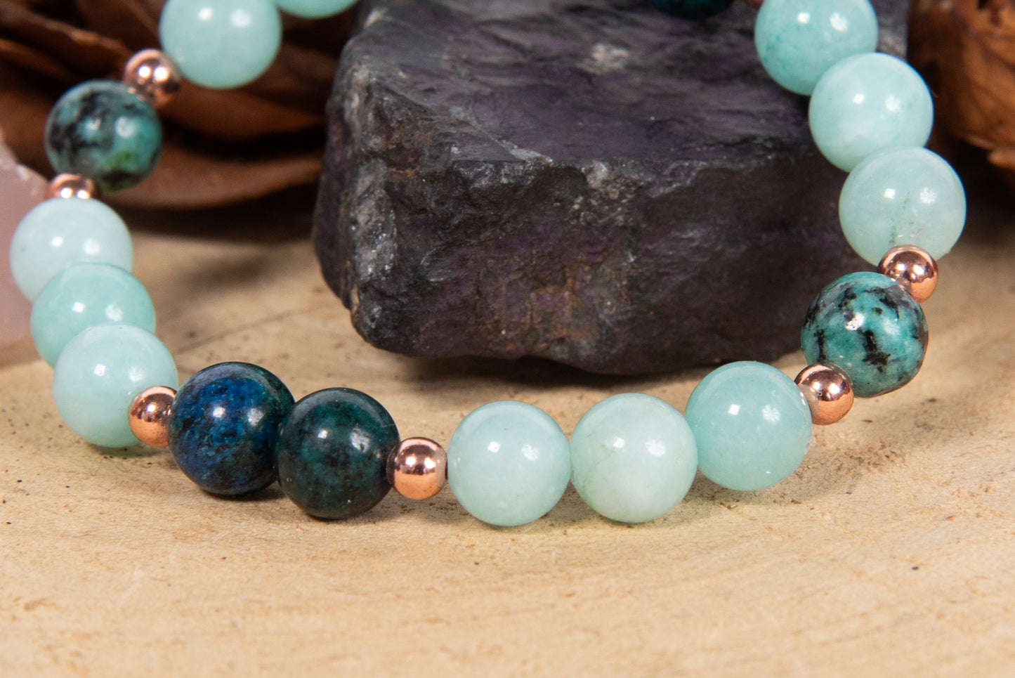 Bracciale perle 8 mm amazzonite, turchese africano, azzurrite, rame