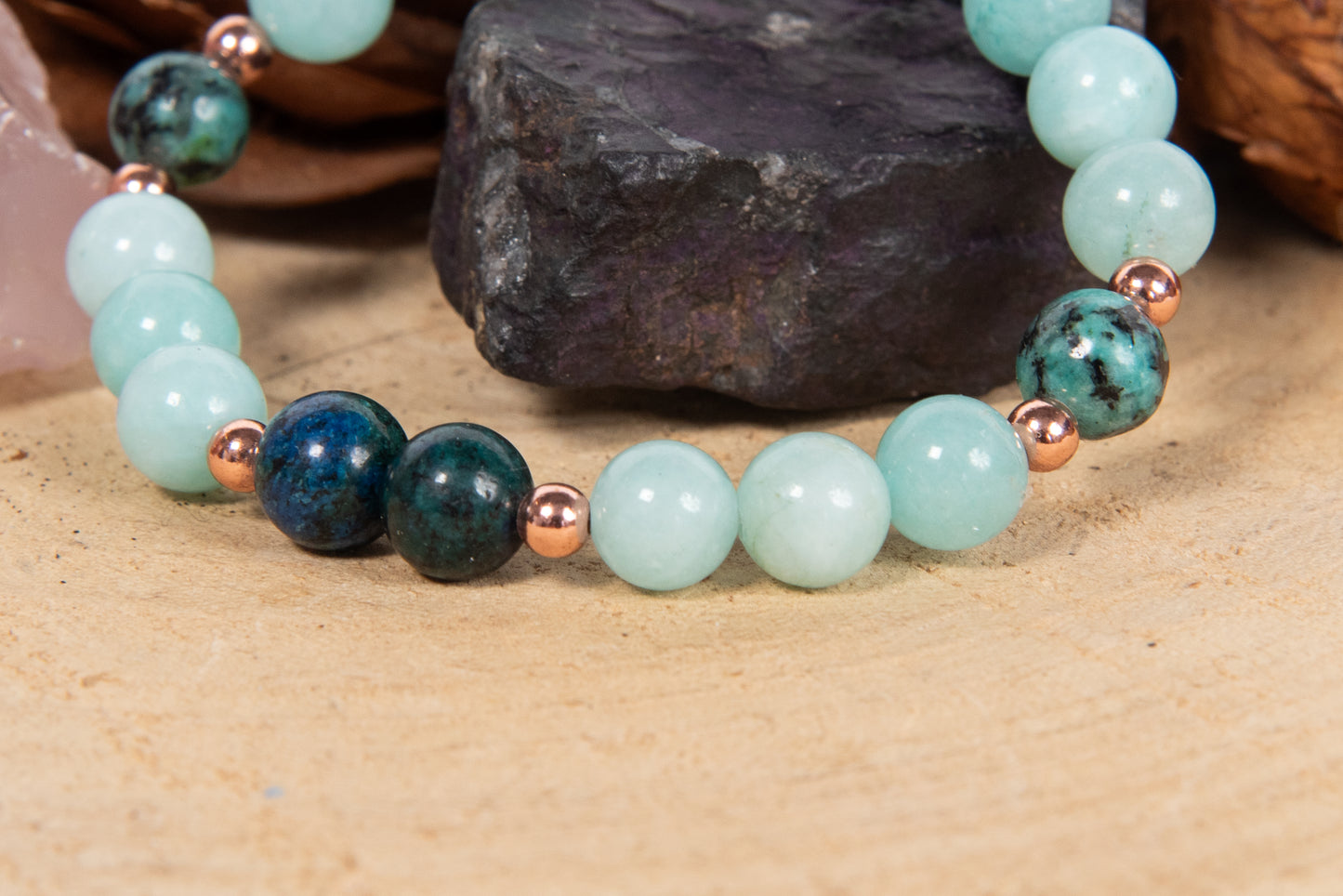 Bracciale perle 8 mm amazzonite, turchese africano, azzurrite, rame