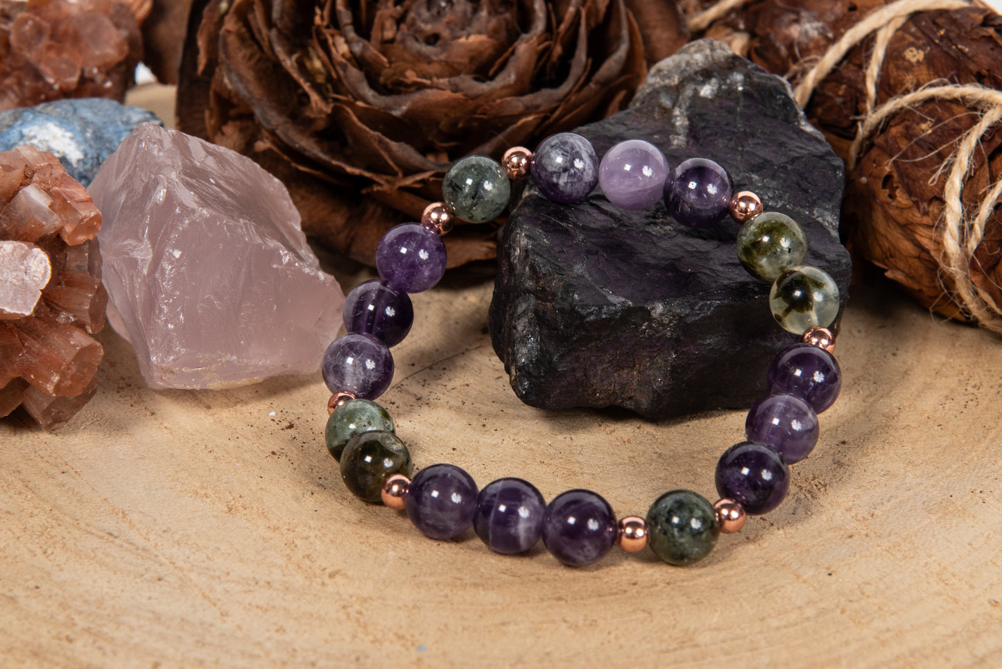 Bracciale perle 8 mm prehnite, ametista, rame