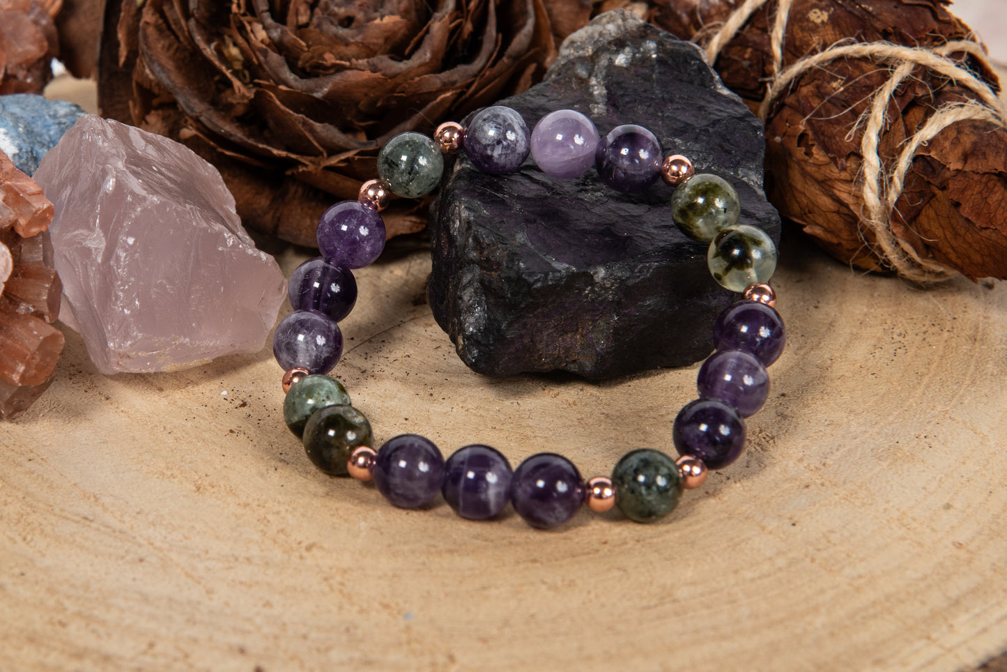 Bracciale perle 8 mm prehnite, ametista, rame