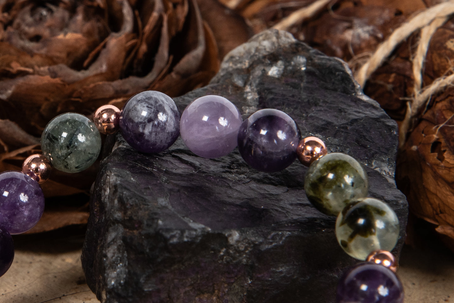 Bracciale perle 8 mm prehnite, ametista, rame