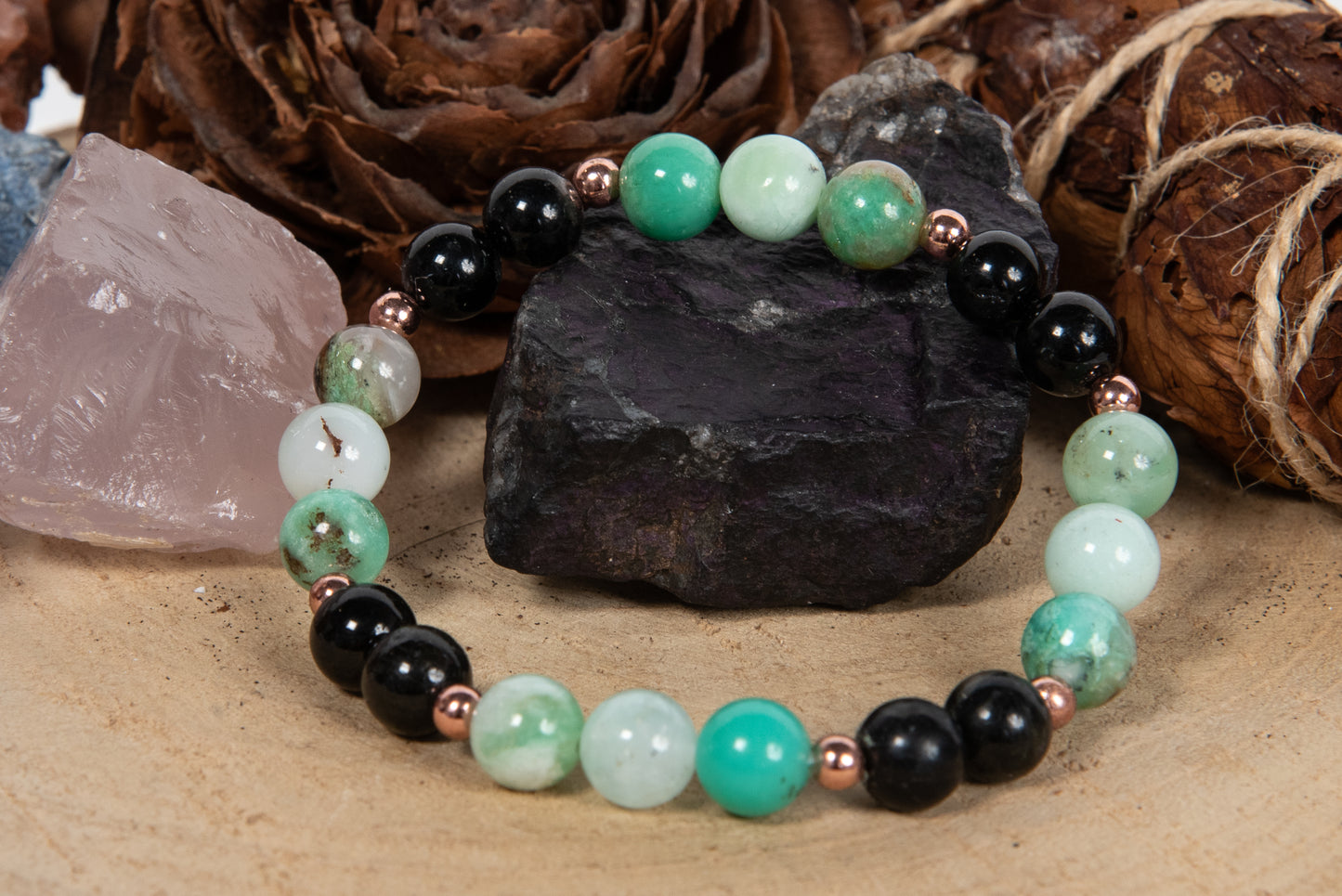 Bracciale perle 8 mm crisoprasio, tormalina, rame