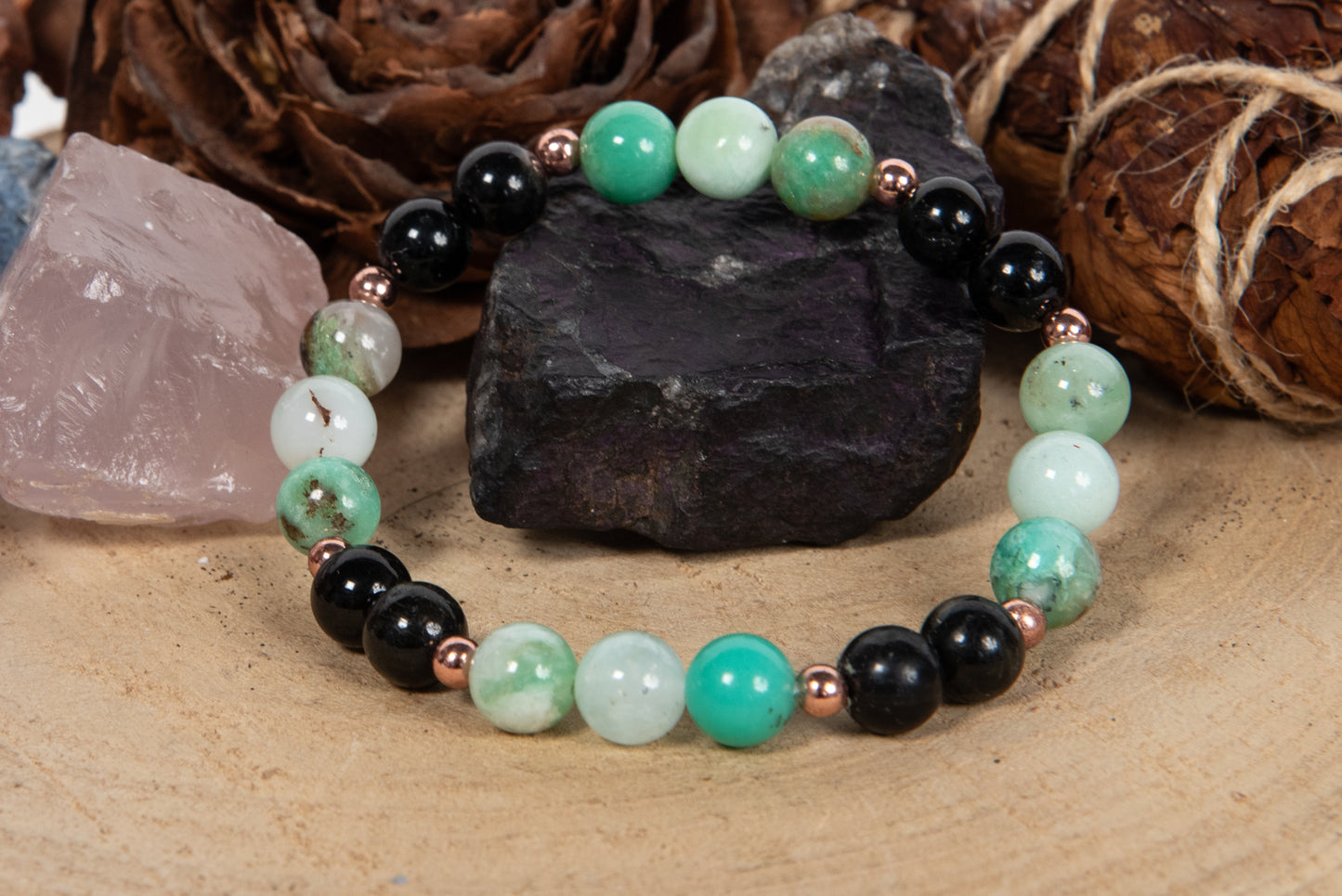 Bracciale perle 8 mm crisoprasio, tormalina, rame