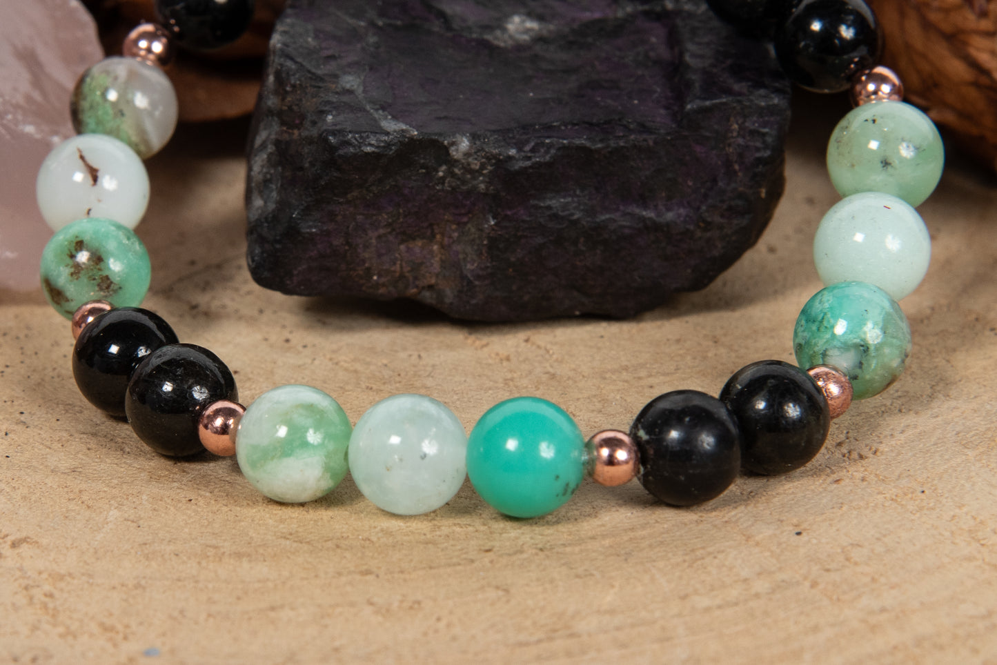 Bracciale perle 8 mm crisoprasio, tormalina, rame