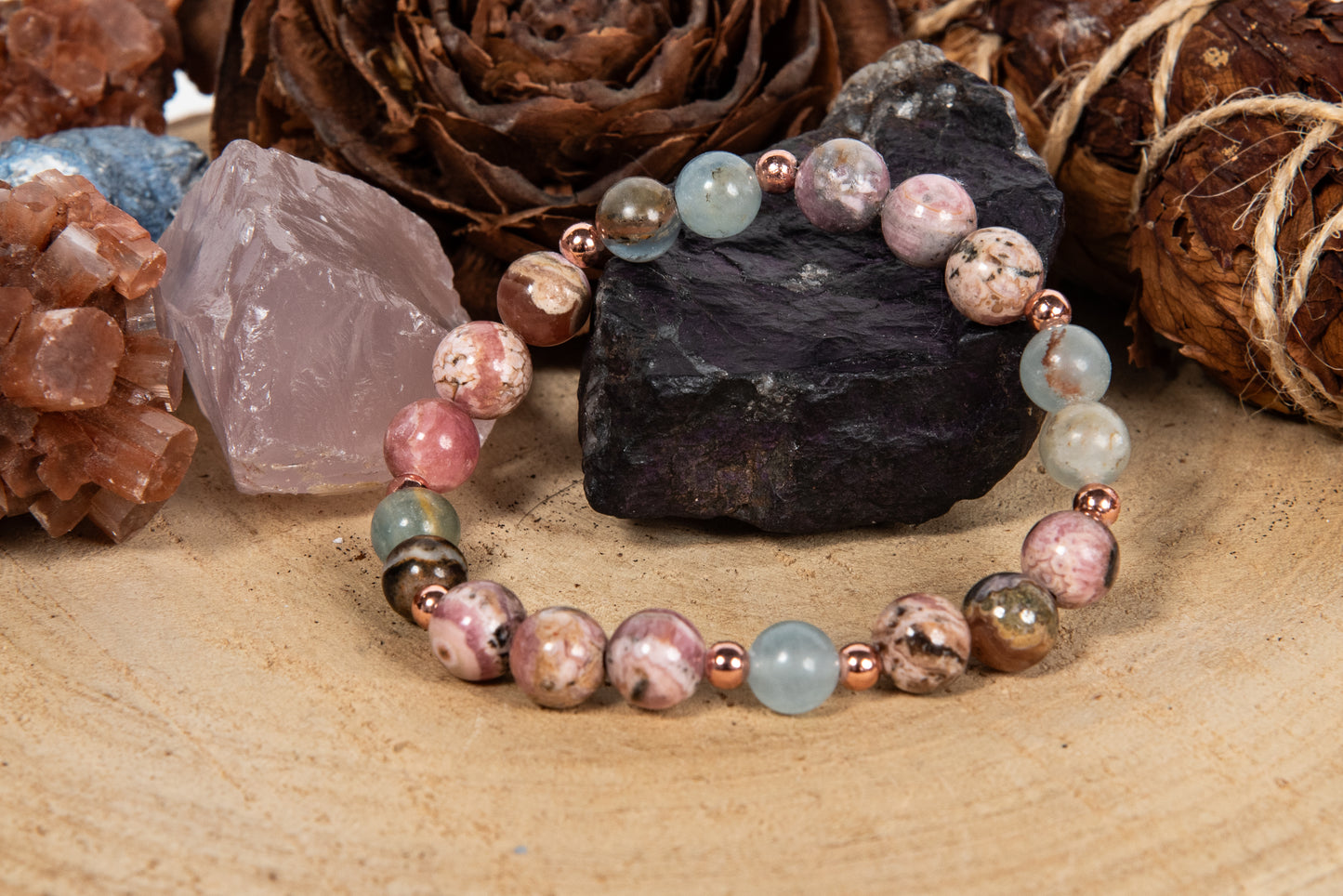 Bracciale perle 8 mm calcite blu, rodocrosite, rame