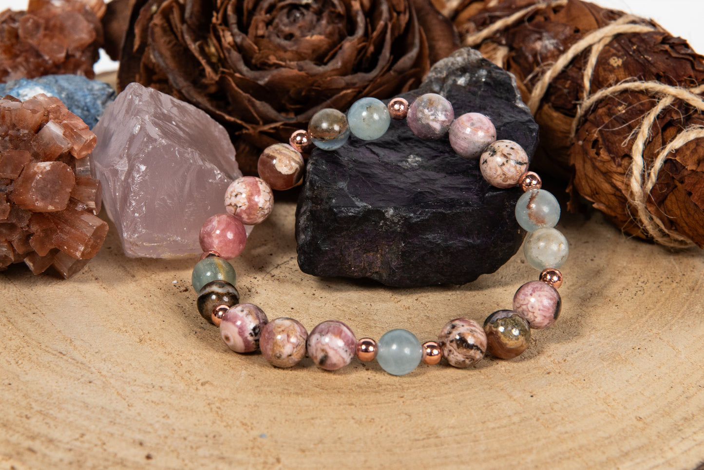 Bracciale perle 8 mm calcite blu, rodocrosite, rame