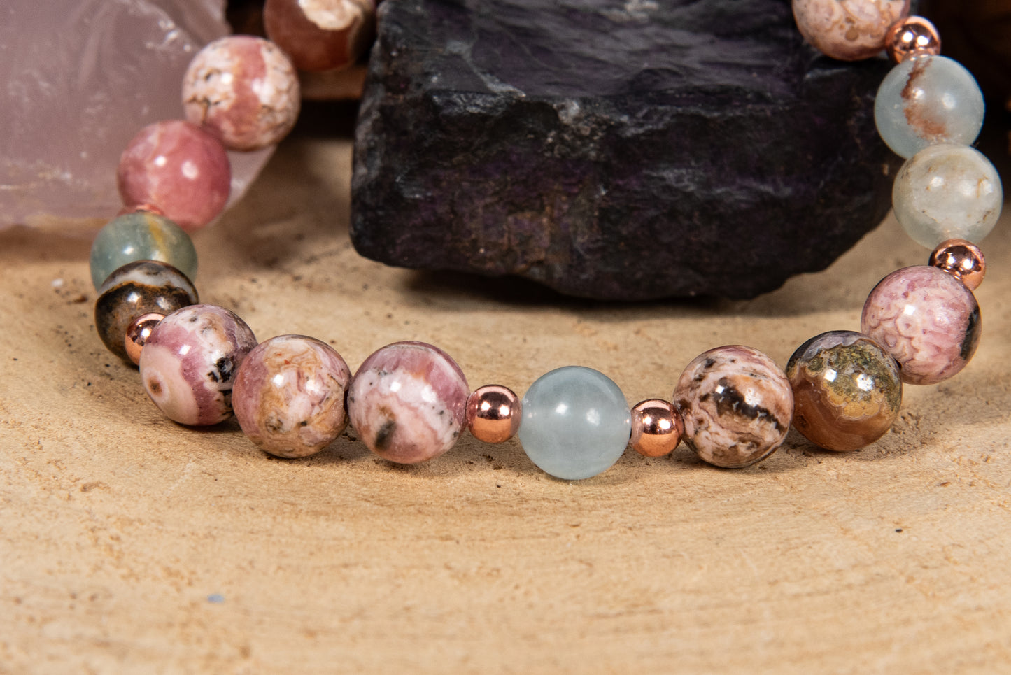 Bracciale perle 8 mm calcite blu, rodocrosite, rame