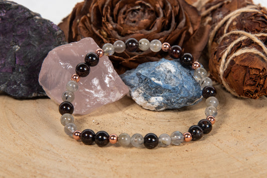 Bracciale perle 6 mm granato, labradorite, rame