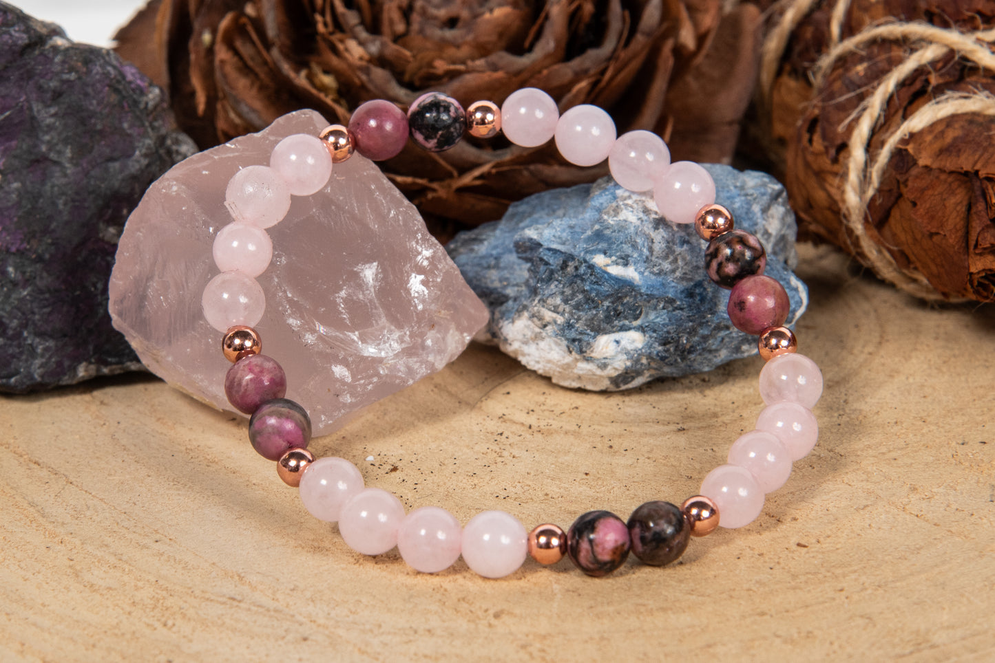 Bracciale perle 6 mm quarzo rosa, rodonite pizzo, rame