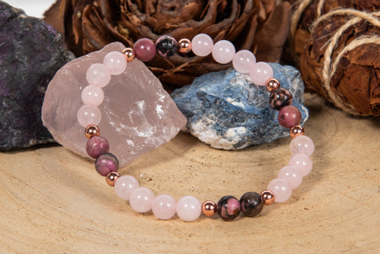 Bracciale perle 6 mm quarzo rosa, rodonite pizzo, rame