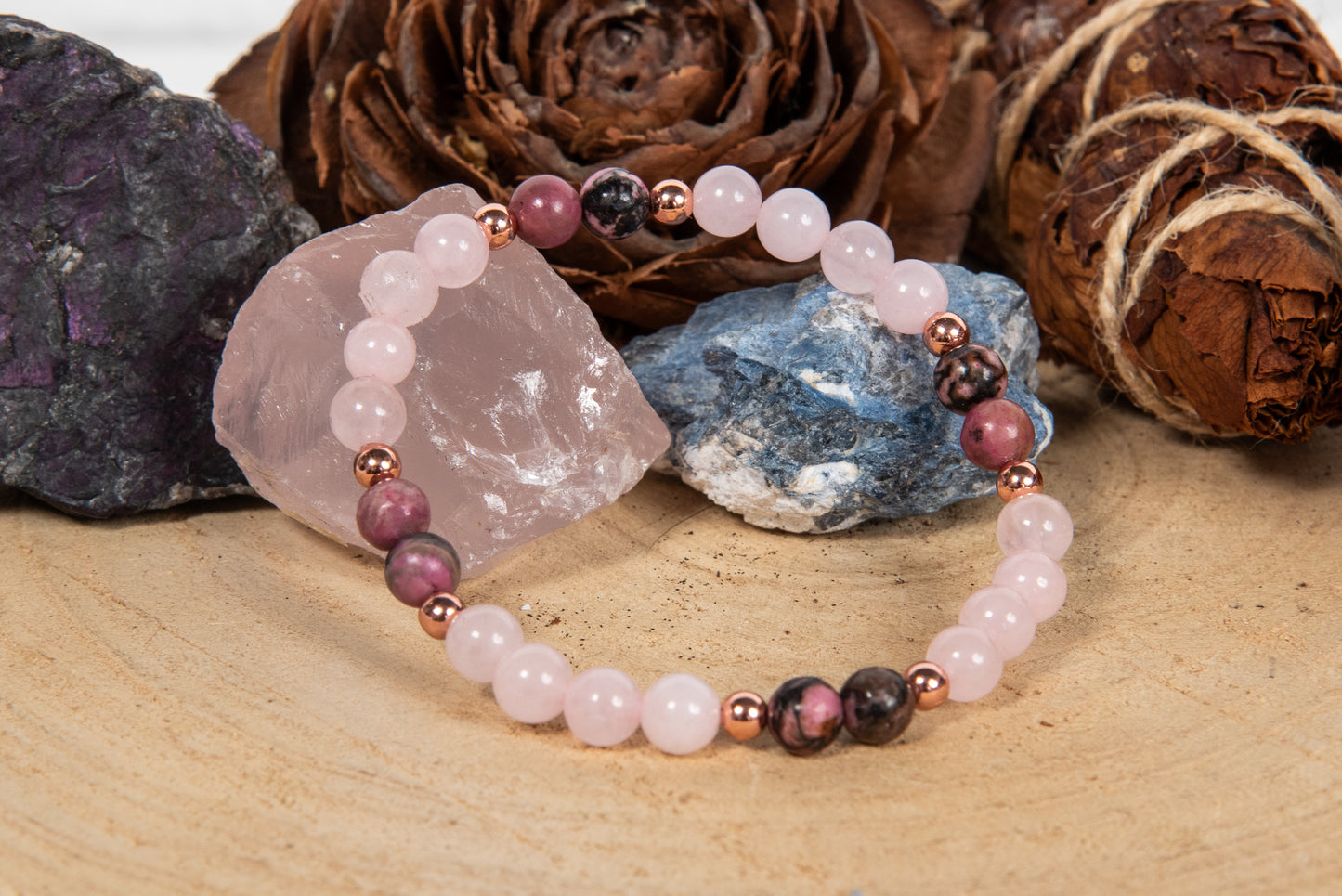 Bracciale perle 6 mm quarzo rosa, rodonite pizzo, rame