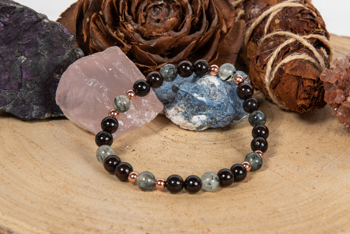 Bracciale perle 6 mm granato, prehnite, rame