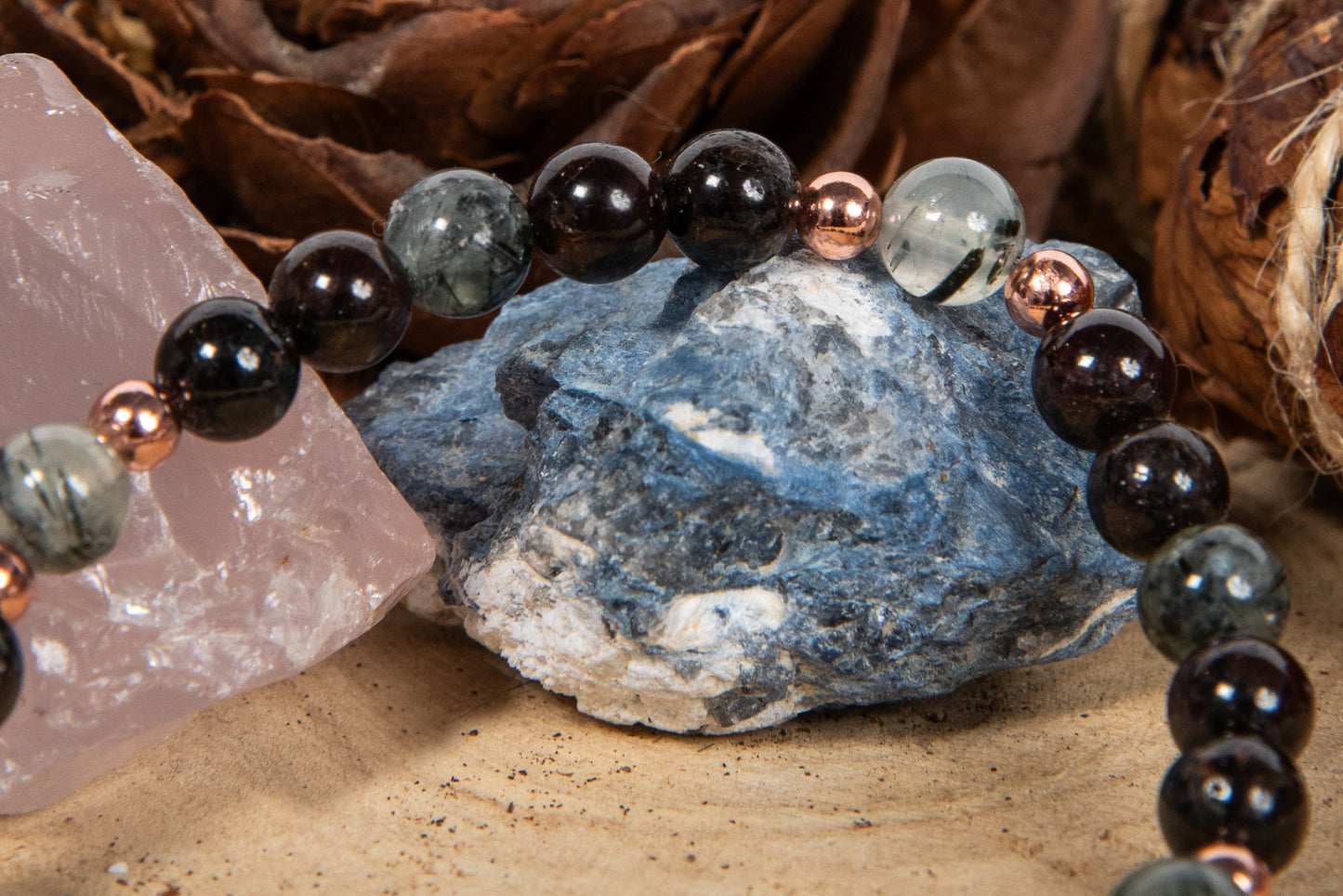 Bracciale perle 6 mm granato, prehnite, rame