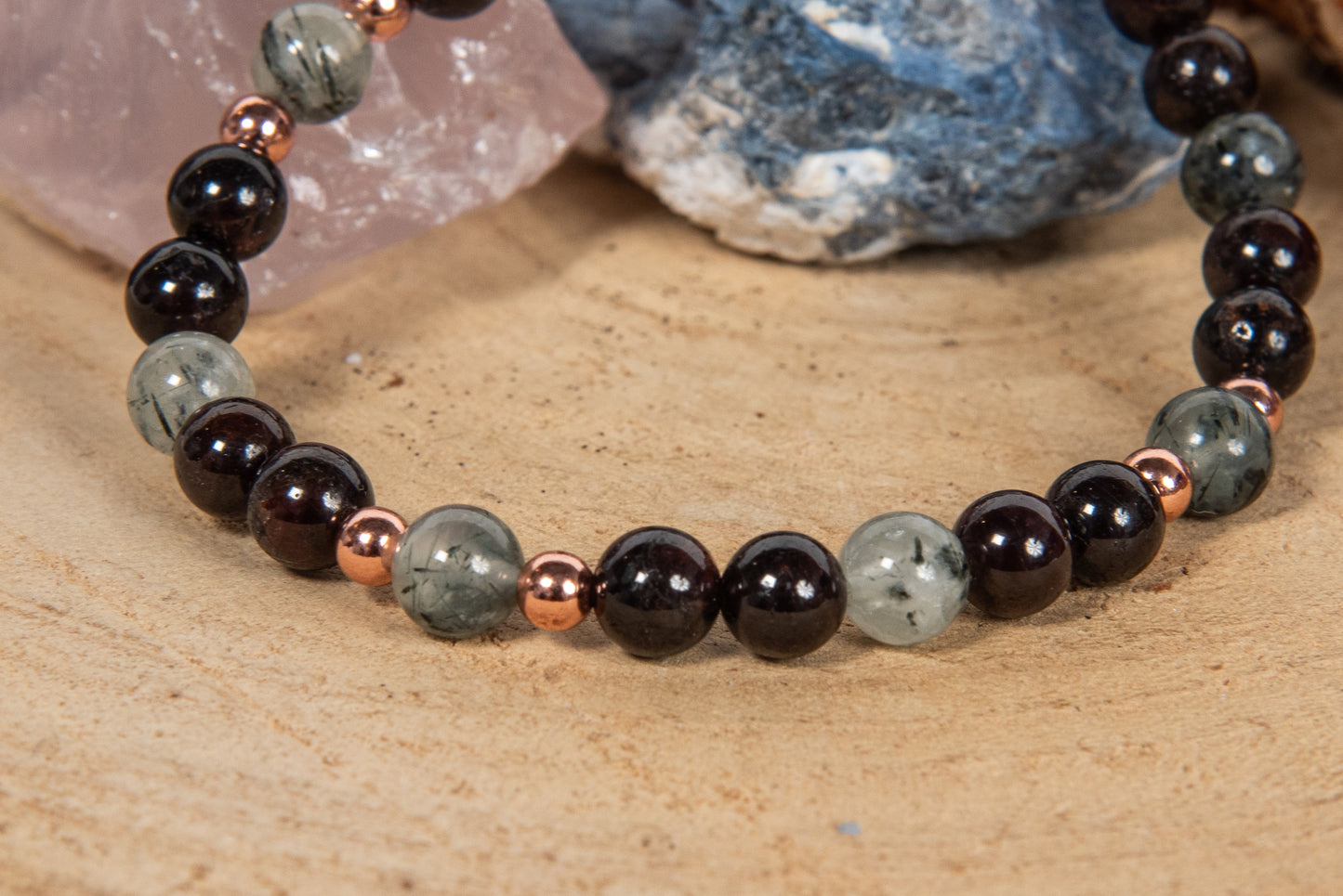Bracciale perle 6 mm granato, prehnite, rame